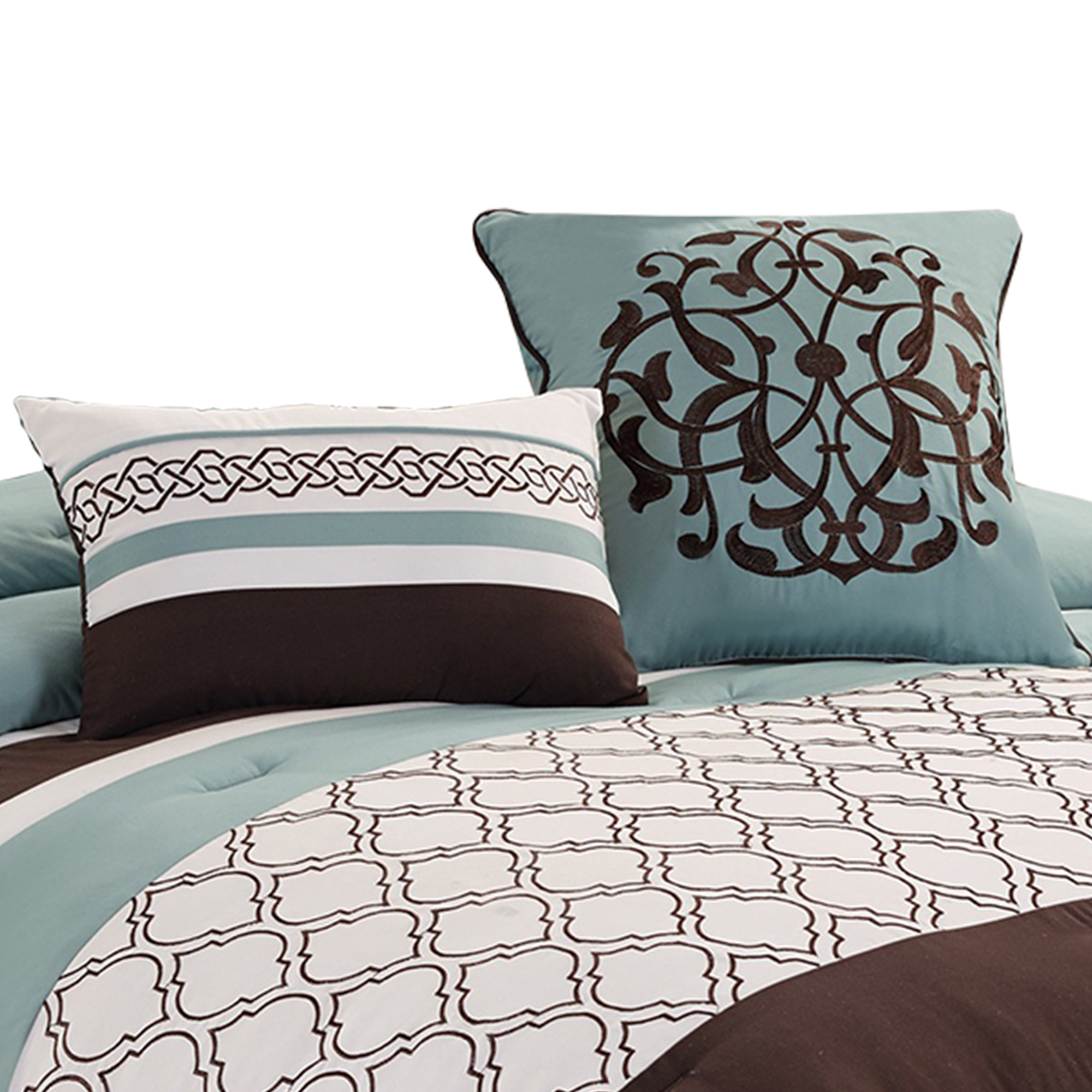 Benjara Quatrefoil King Size 8 Piece Fabric Comforter Set , Brown And Blue