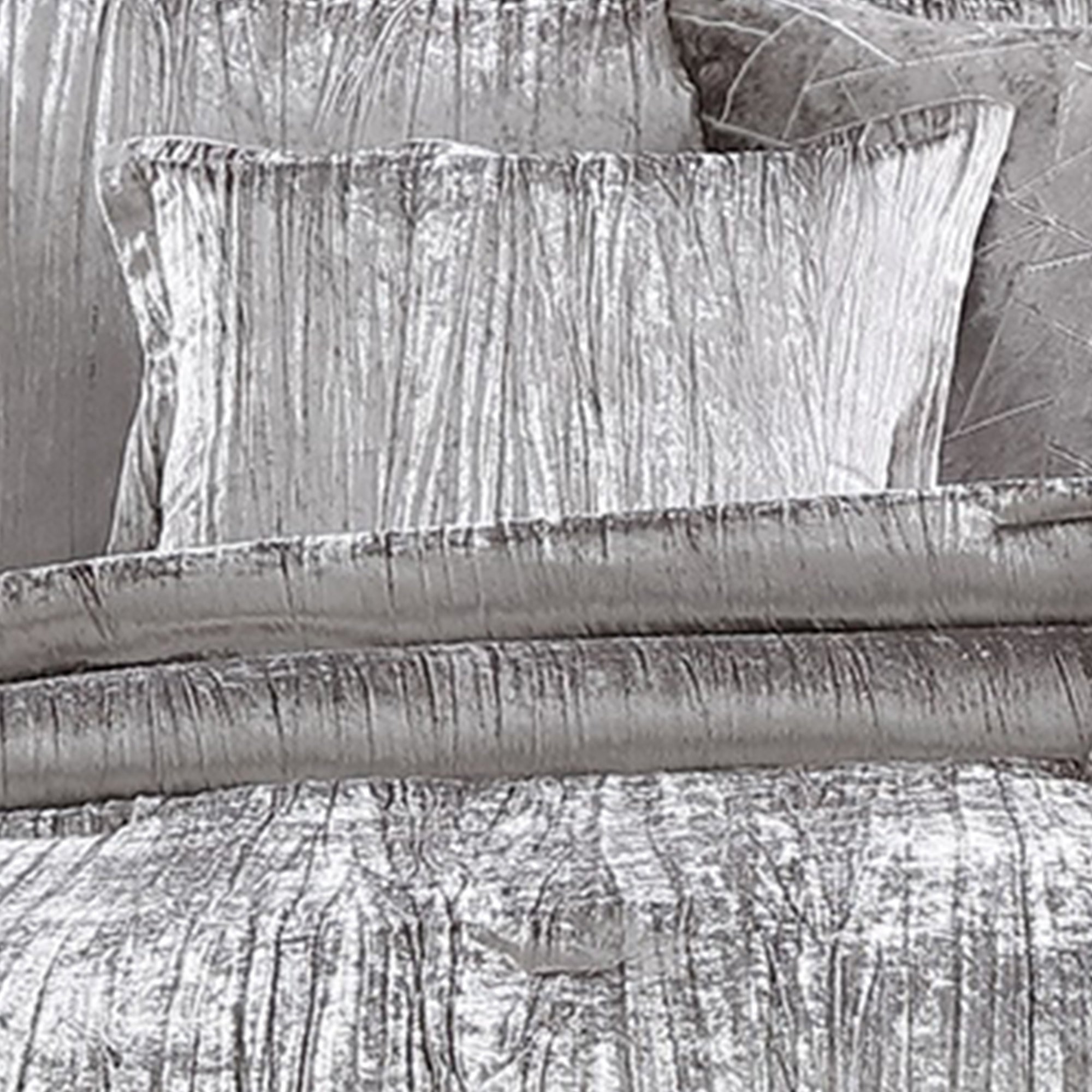 Benjara King Size 7 Piece Fabric Comforter Set with Crinkle Texture, Silver