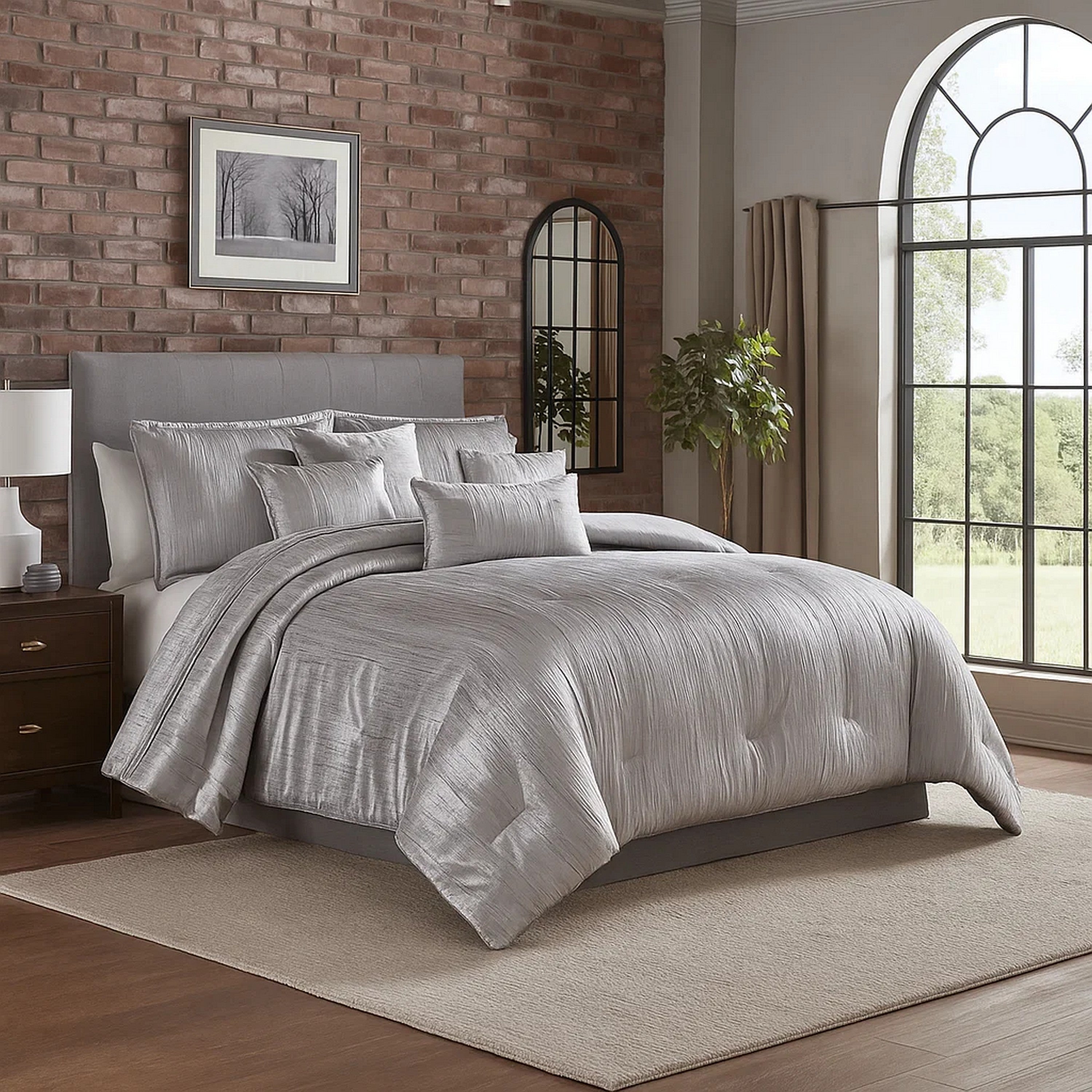 Benjara King Size 7 Piece Fabric Comforter Set with Crinkle Texture, Silver