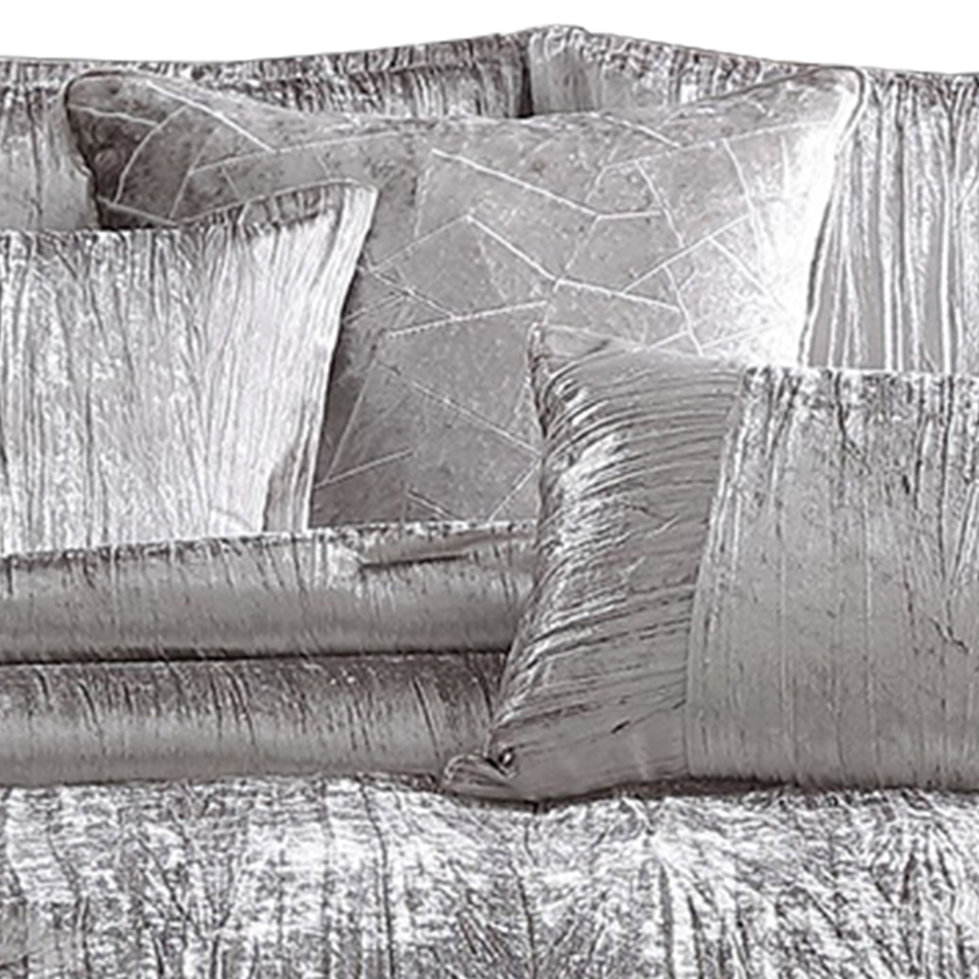 Benjara Queen Size 7 Piece Fabric Comforter Set with Crinkle Texture, Silver