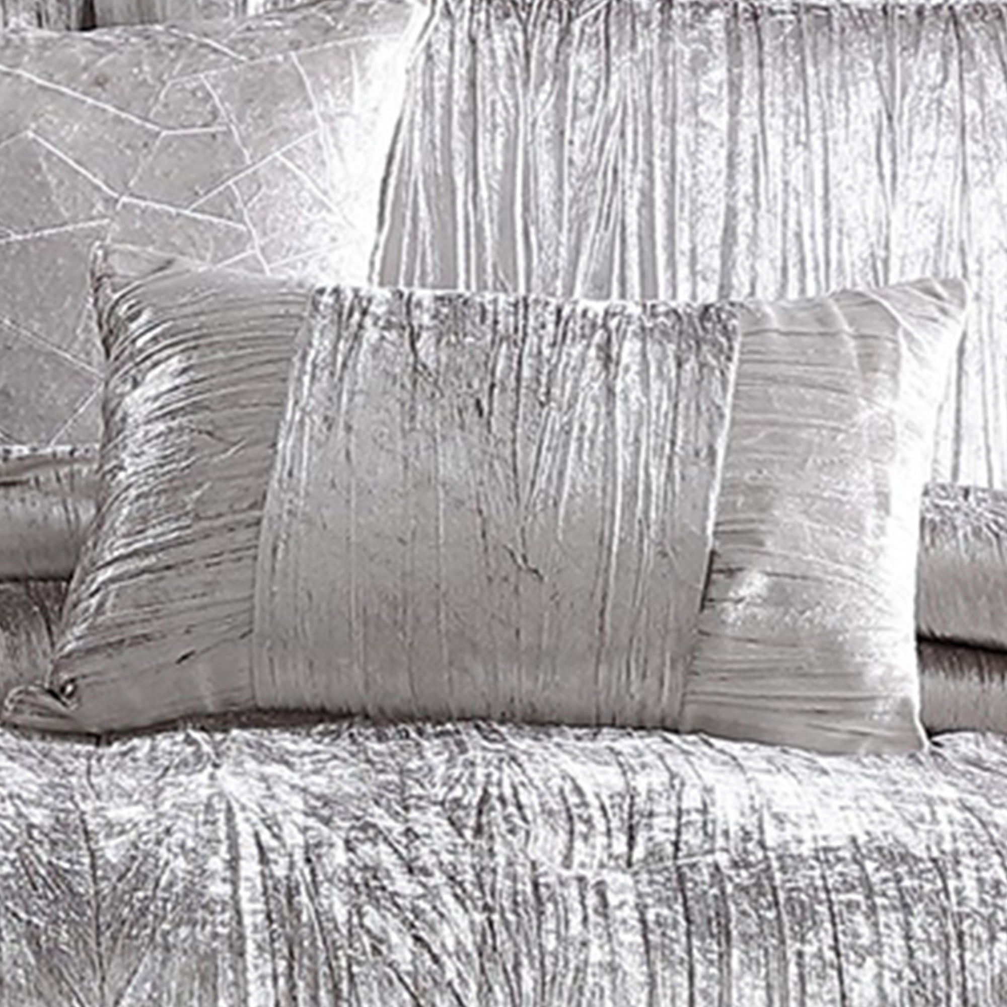 Benjara Queen Size 7 Piece Fabric Comforter Set with Crinkle Texture, Silver