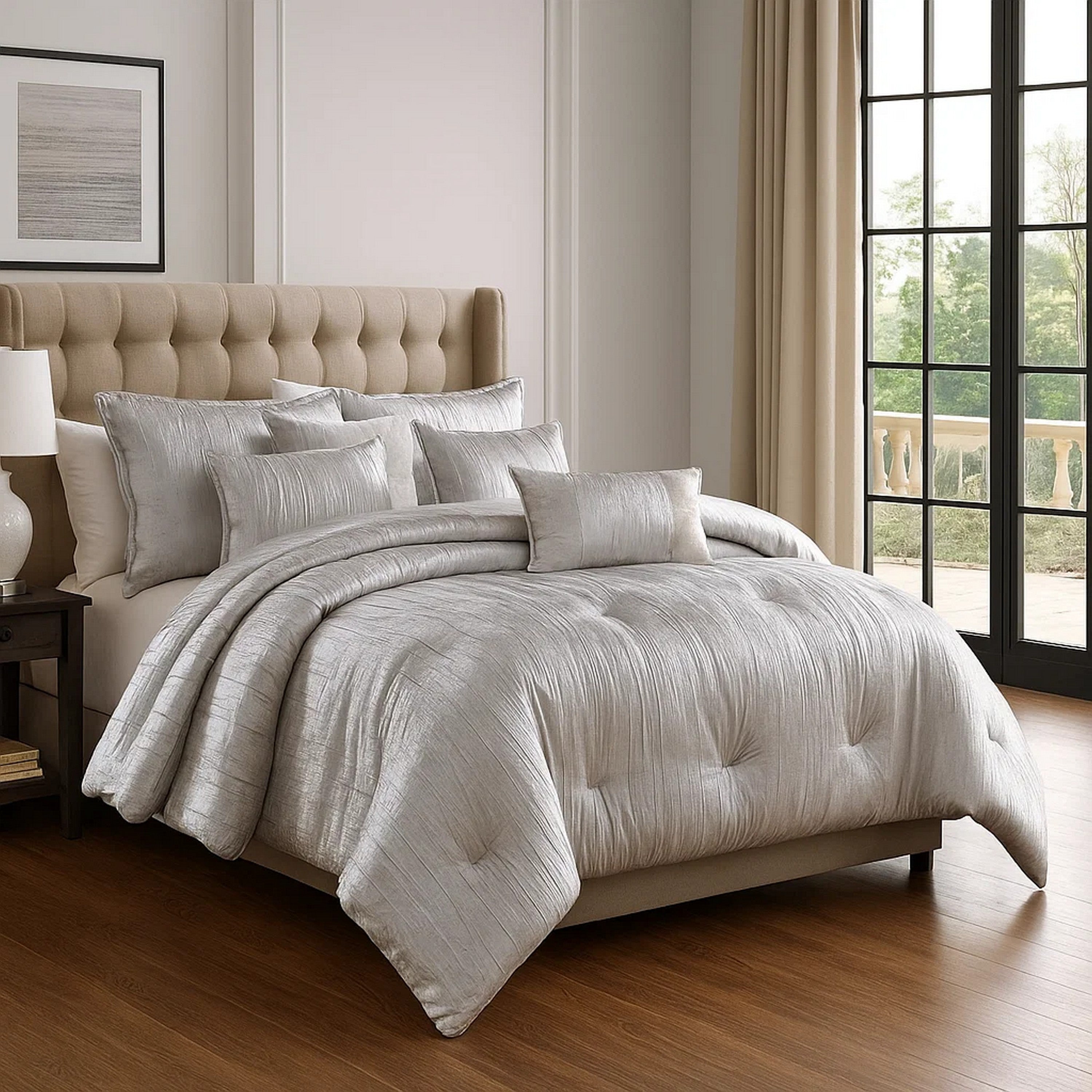 Benjara Queen Size 7 Piece Fabric Comforter Set with Crinkle Texture, Silver