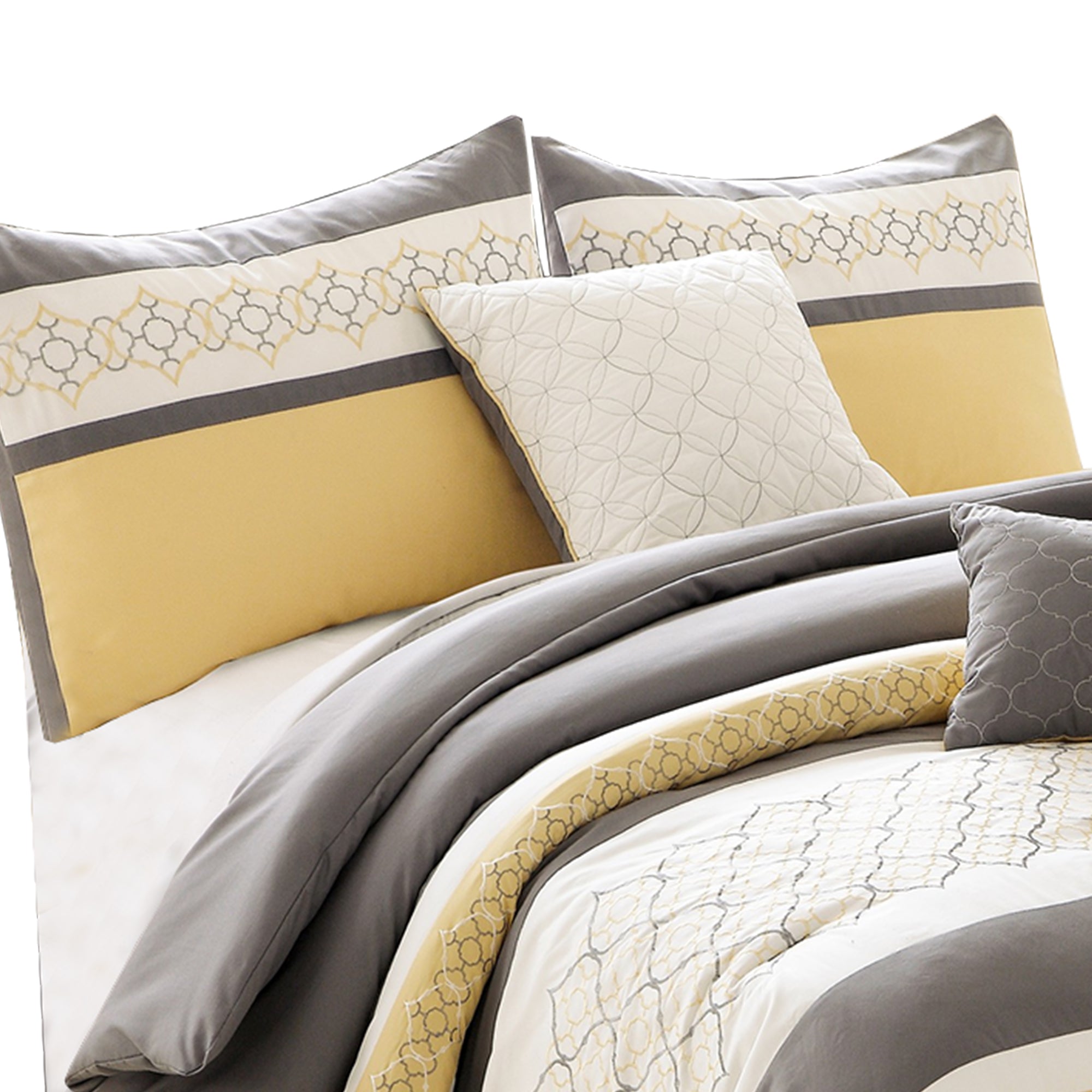 Benjara Quatrefoil Print King Size 7 Piece Fabric Comforter Set, Yellow And Gray