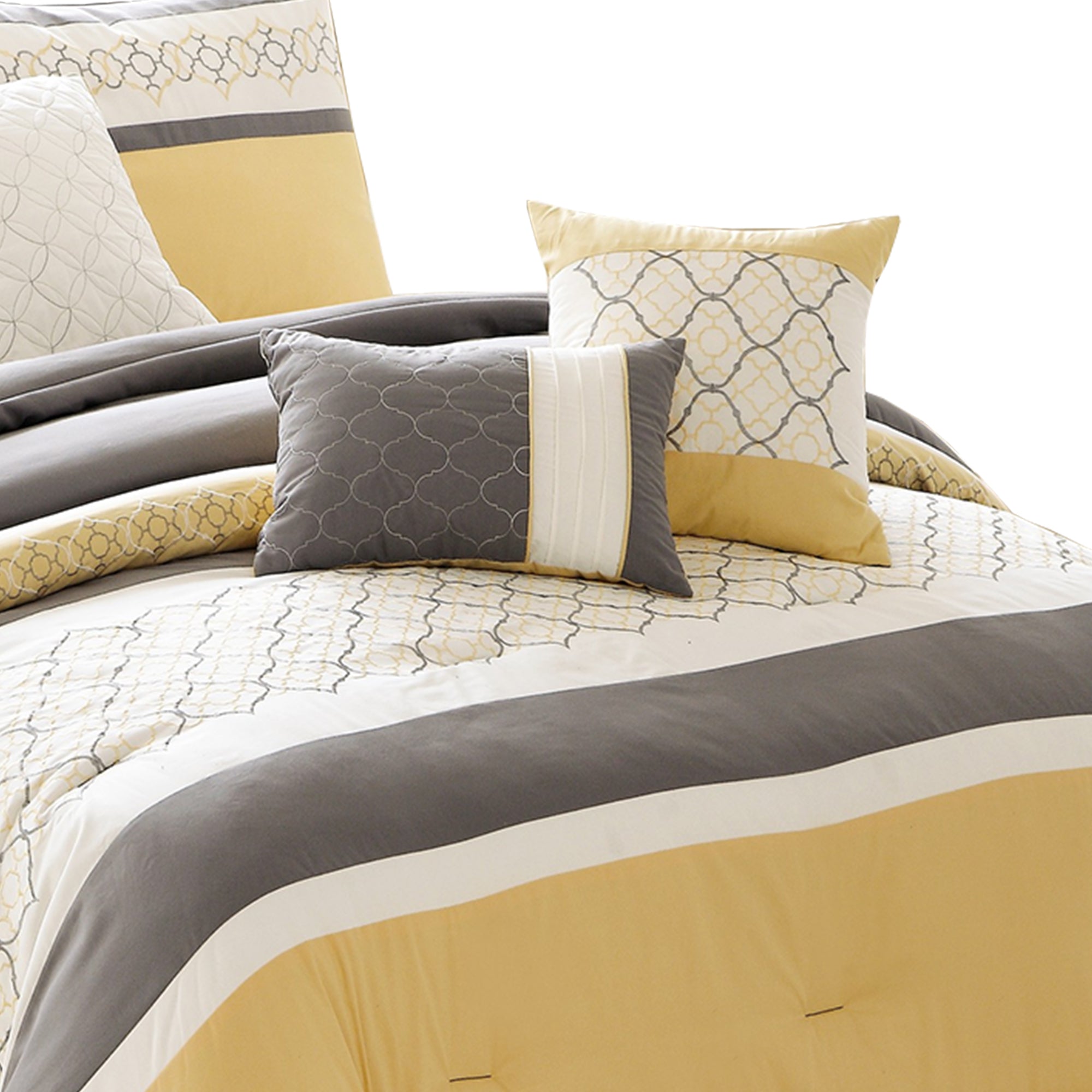 Benjara Quatrefoil Print King Size 7 Piece Fabric Comforter Set, Yellow And Gray