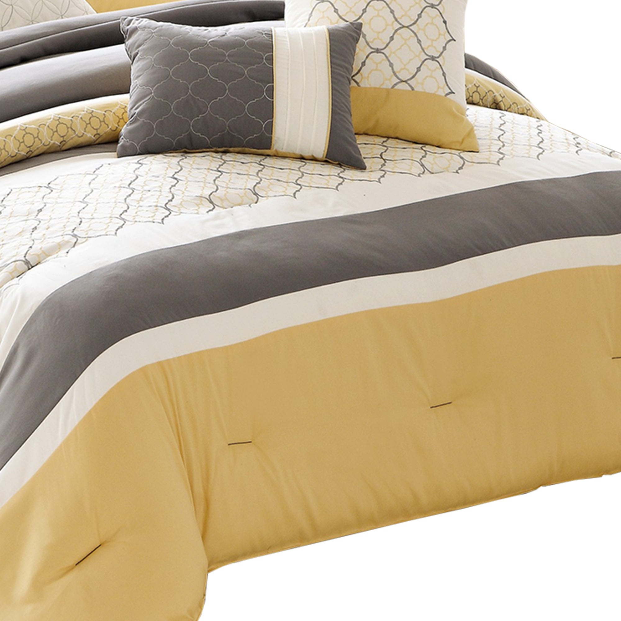 Benjara Quatrefoil Print King Size 7 Piece Fabric Comforter Set, Yellow And Gray