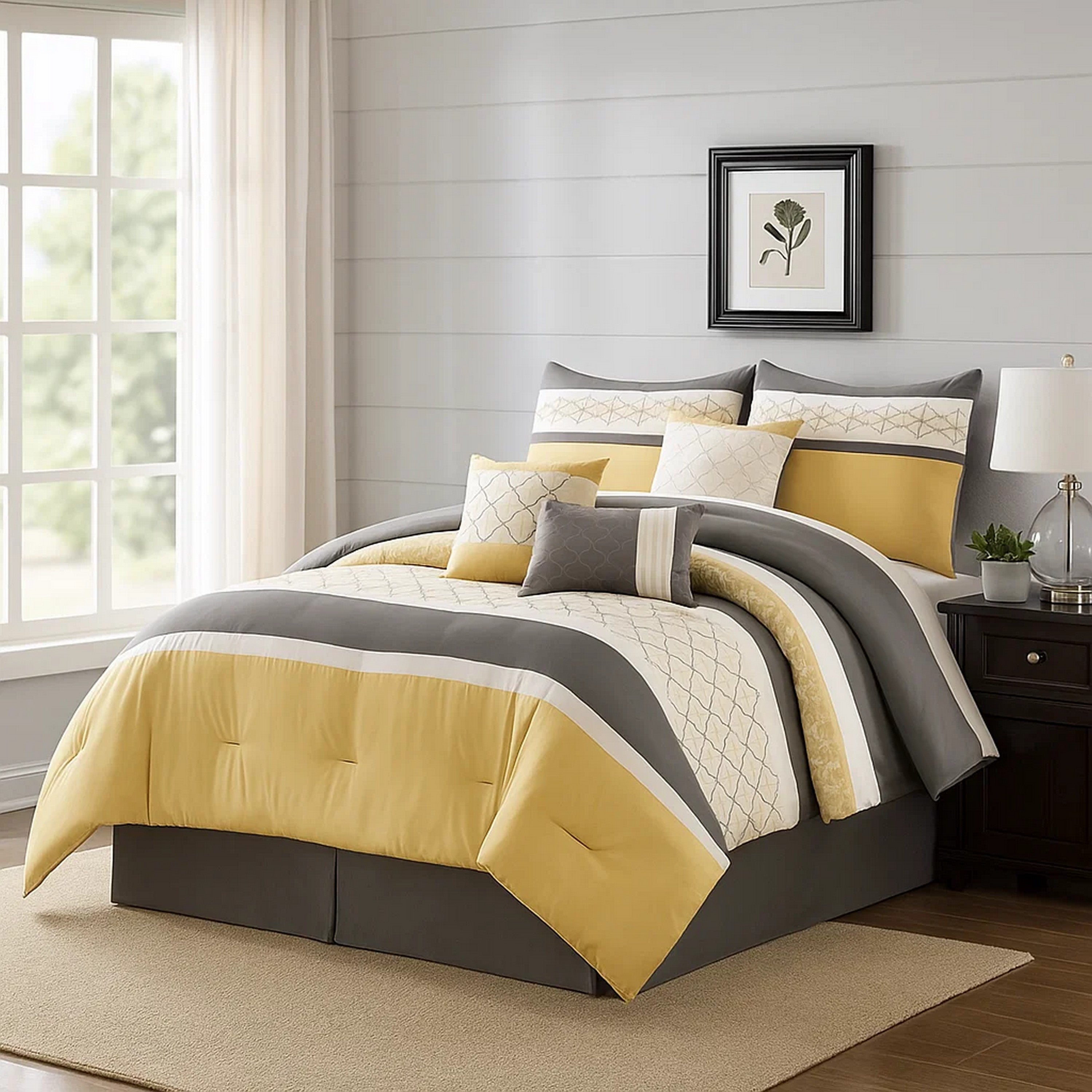 Benjara Quatrefoil Print King Size 7 Piece Fabric Comforter Set, Yellow And Gray