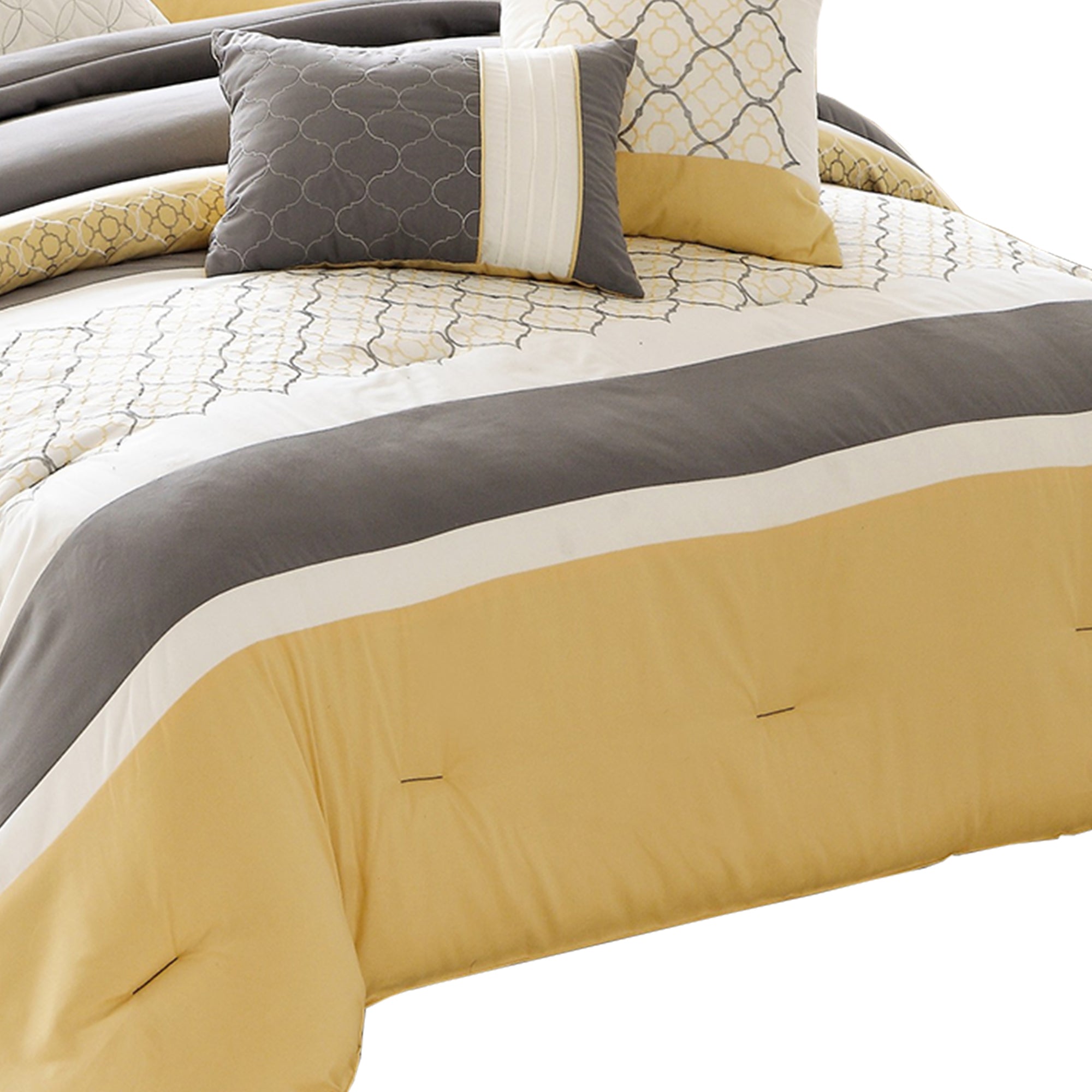 Benjara Quatrefoil Print Queen Size 7 Piece Fabric Comforter Set, Yellow And Gray