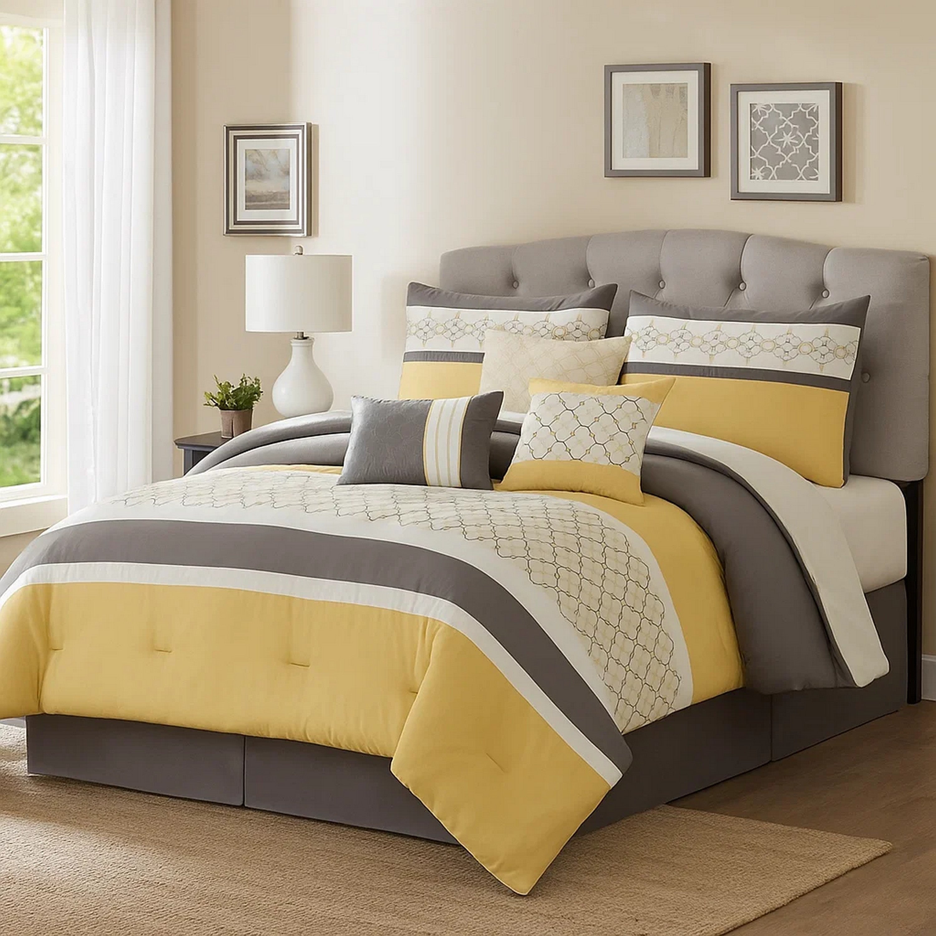 Benjara Quatrefoil Print Queen Size 7 Piece Fabric Comforter Set, Yellow And Gray