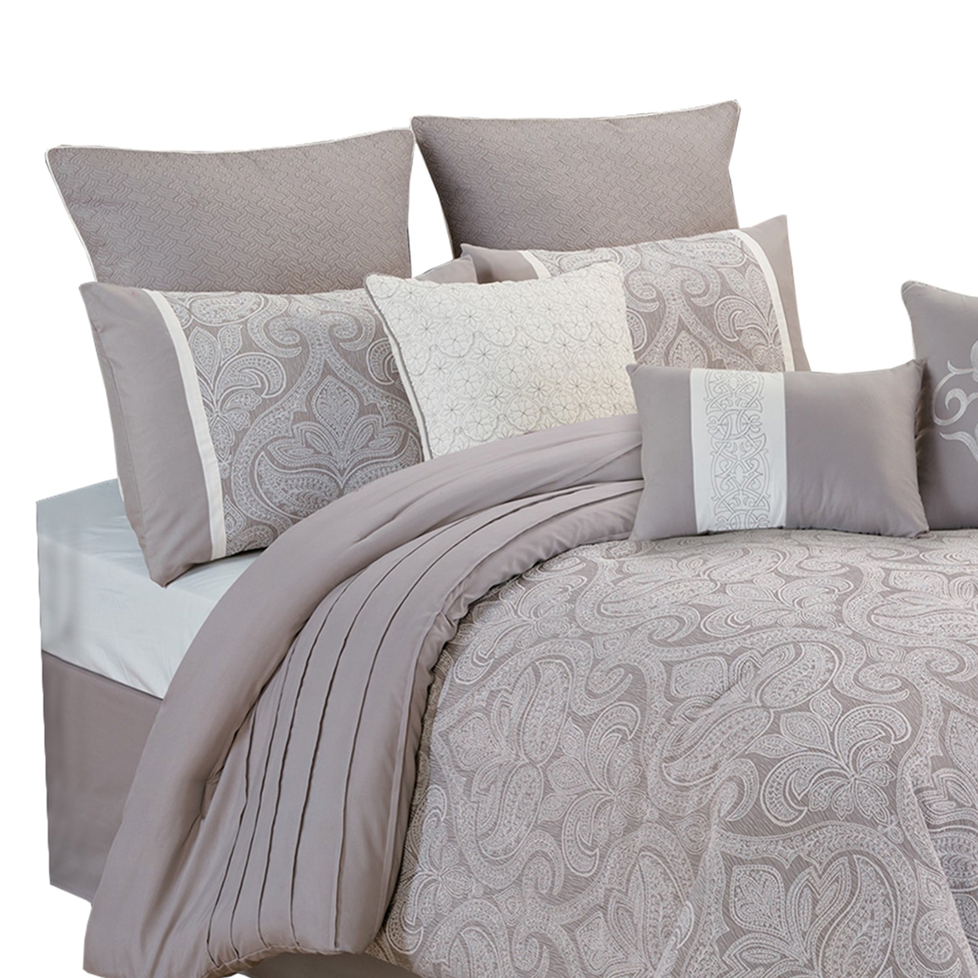 Benjara King Size 10 Piece Fabric Comforter Set with Medallion Prints, White