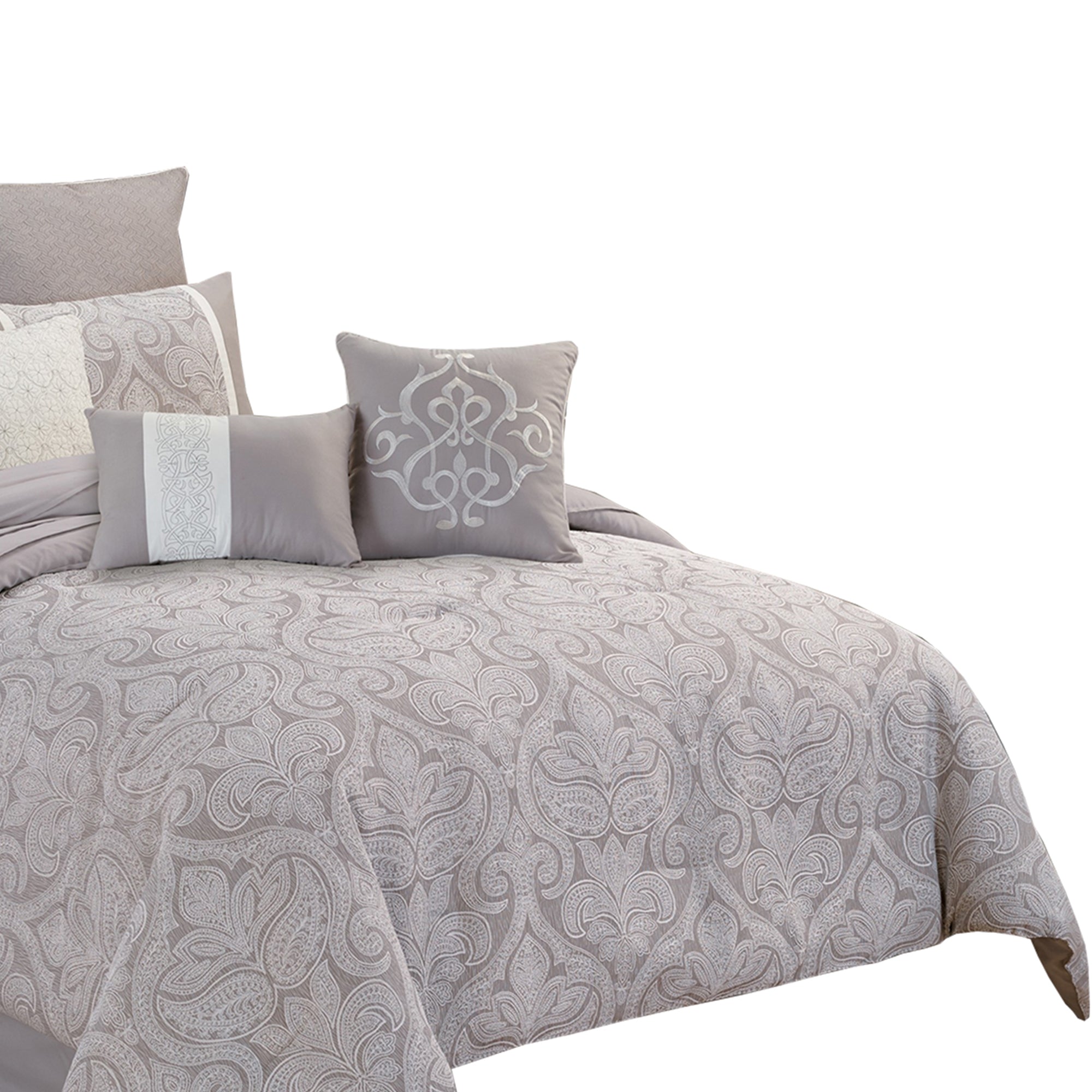 Benjara King Size 10 Piece Fabric Comforter Set with Medallion Prints, White