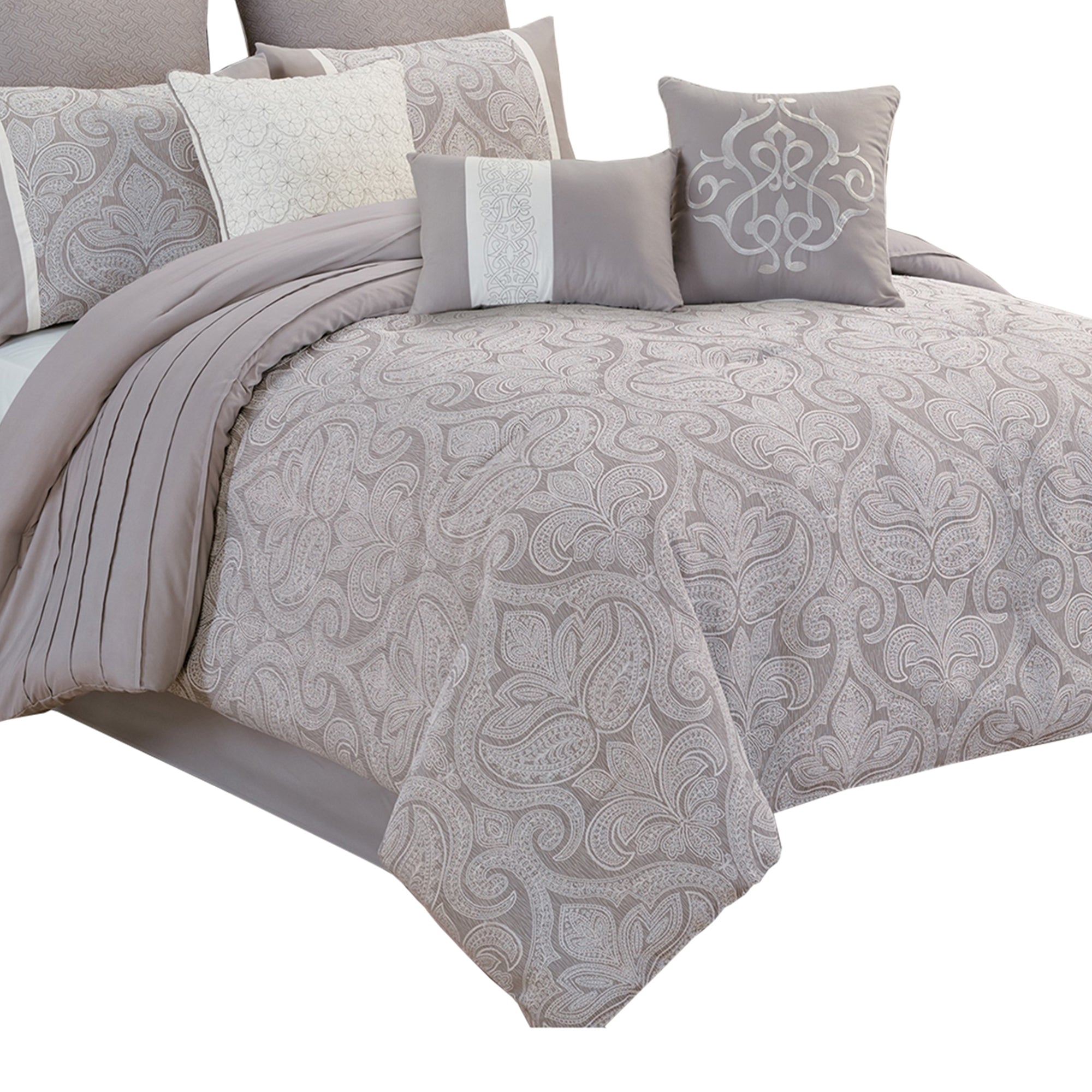 Benjara King Size 10 Piece Fabric Comforter Set with Medallion Prints, White