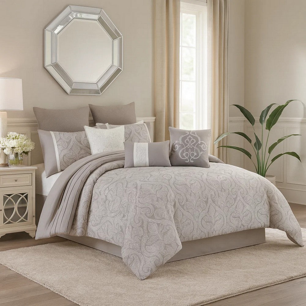 Benjara King Size 10 Piece Fabric Comforter Set with Medallion Prints, White