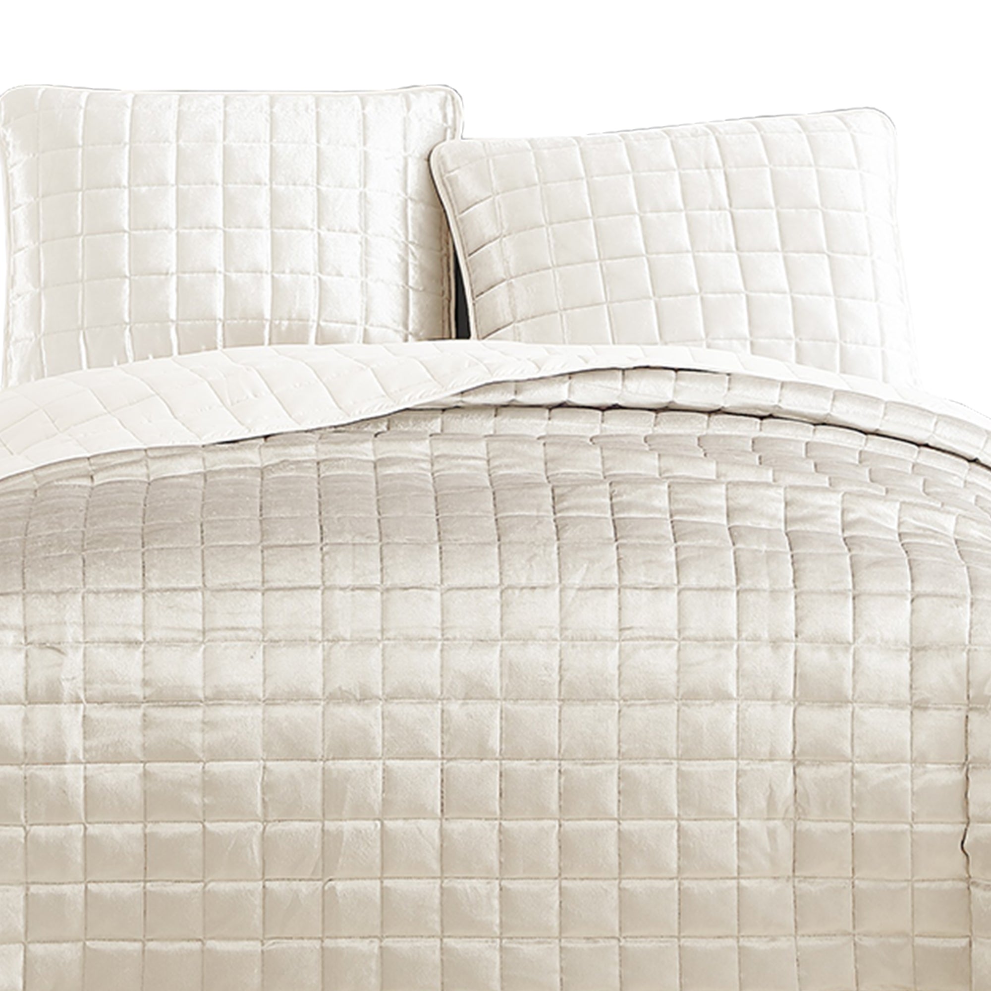 Benjara 3 Piece King Size Coverlet Set with Stitched Square Pattern, Cream