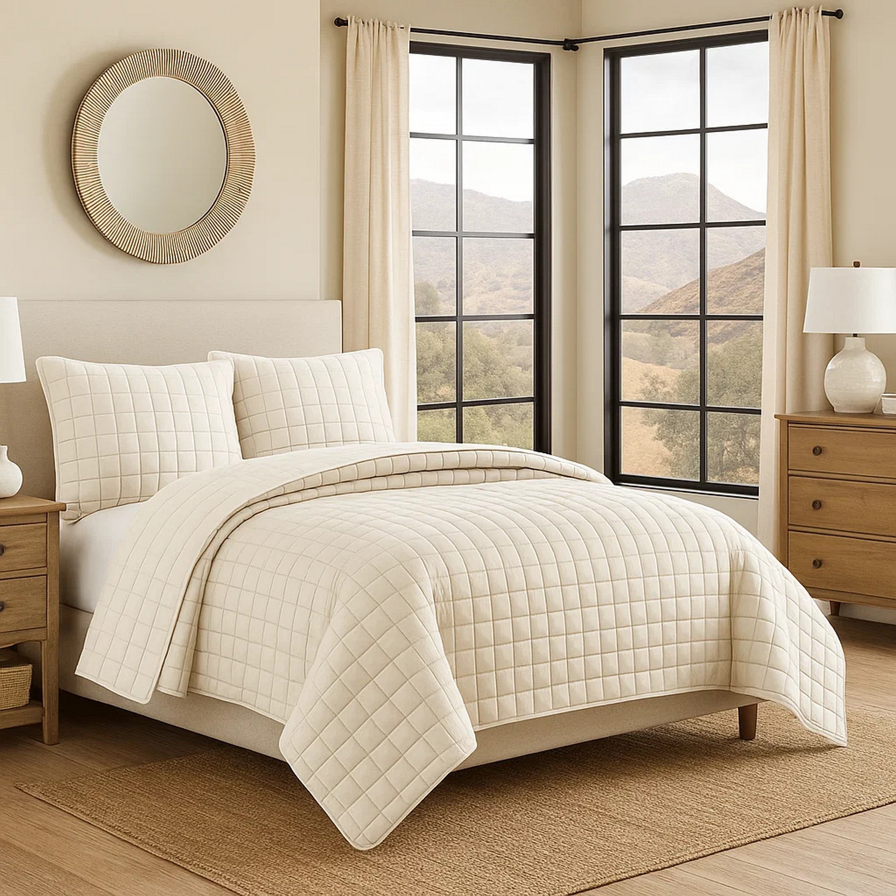 Benjara 3 Piece King Size Coverlet Set with Stitched Square Pattern, Cream