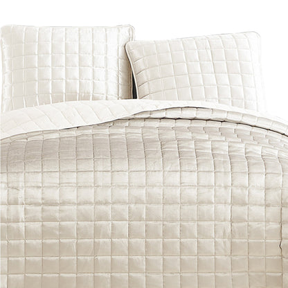 Benjara 3 Piece Queen Size Coverlet Set with Stitched Square Pattern, Cream