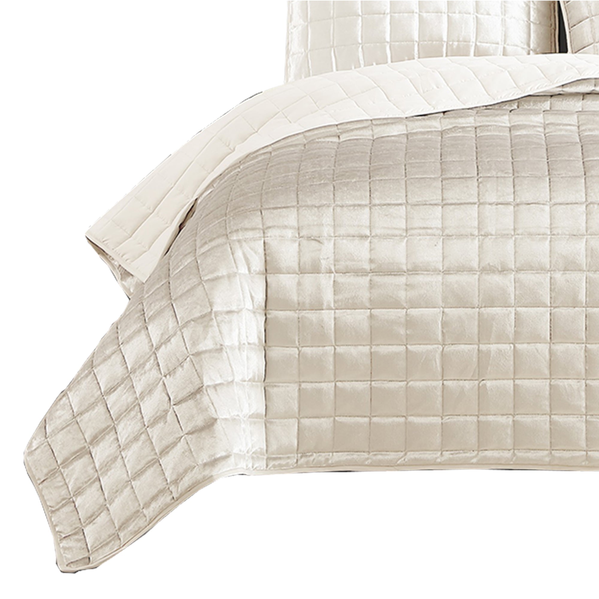 Benjara 3 Piece Queen Size Coverlet Set with Stitched Square Pattern, Cream