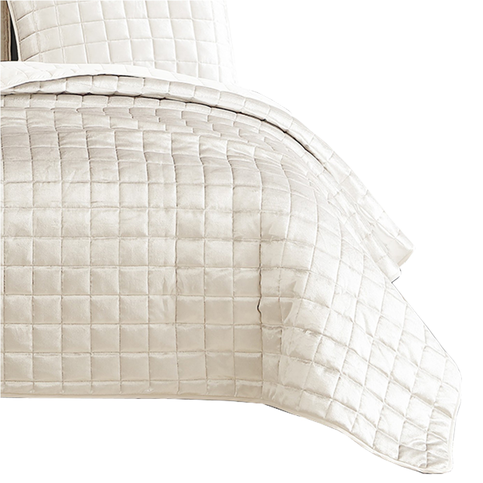 Benjara 3 Piece Queen Size Coverlet Set with Stitched Square Pattern, Cream