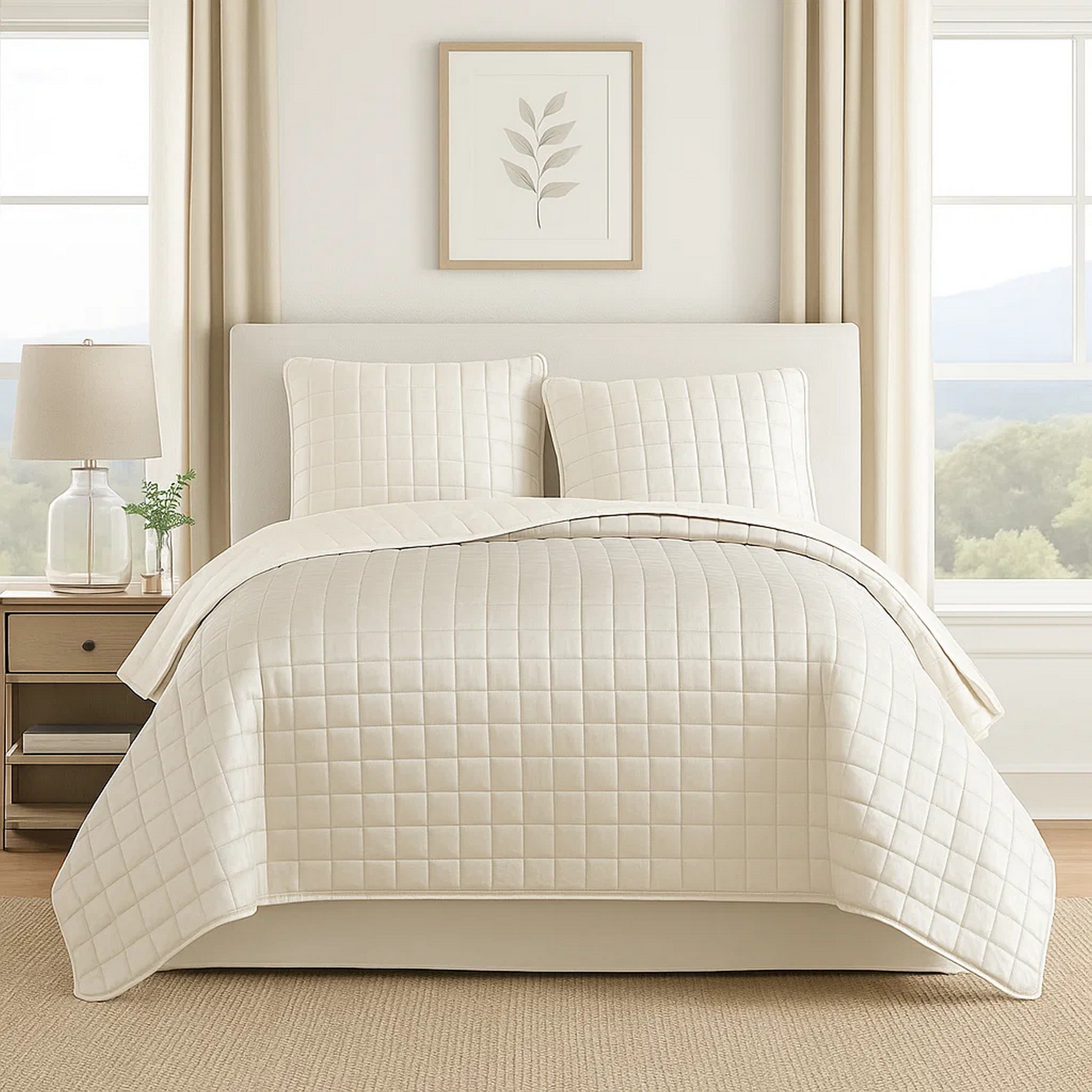Benjara 3 Piece Queen Size Coverlet Set with Stitched Square Pattern, Cream