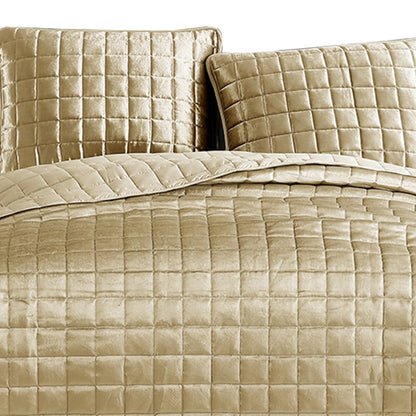 Benjara 3 Piece King Size Coverlet Set with Stitched Square Pattern, Gold