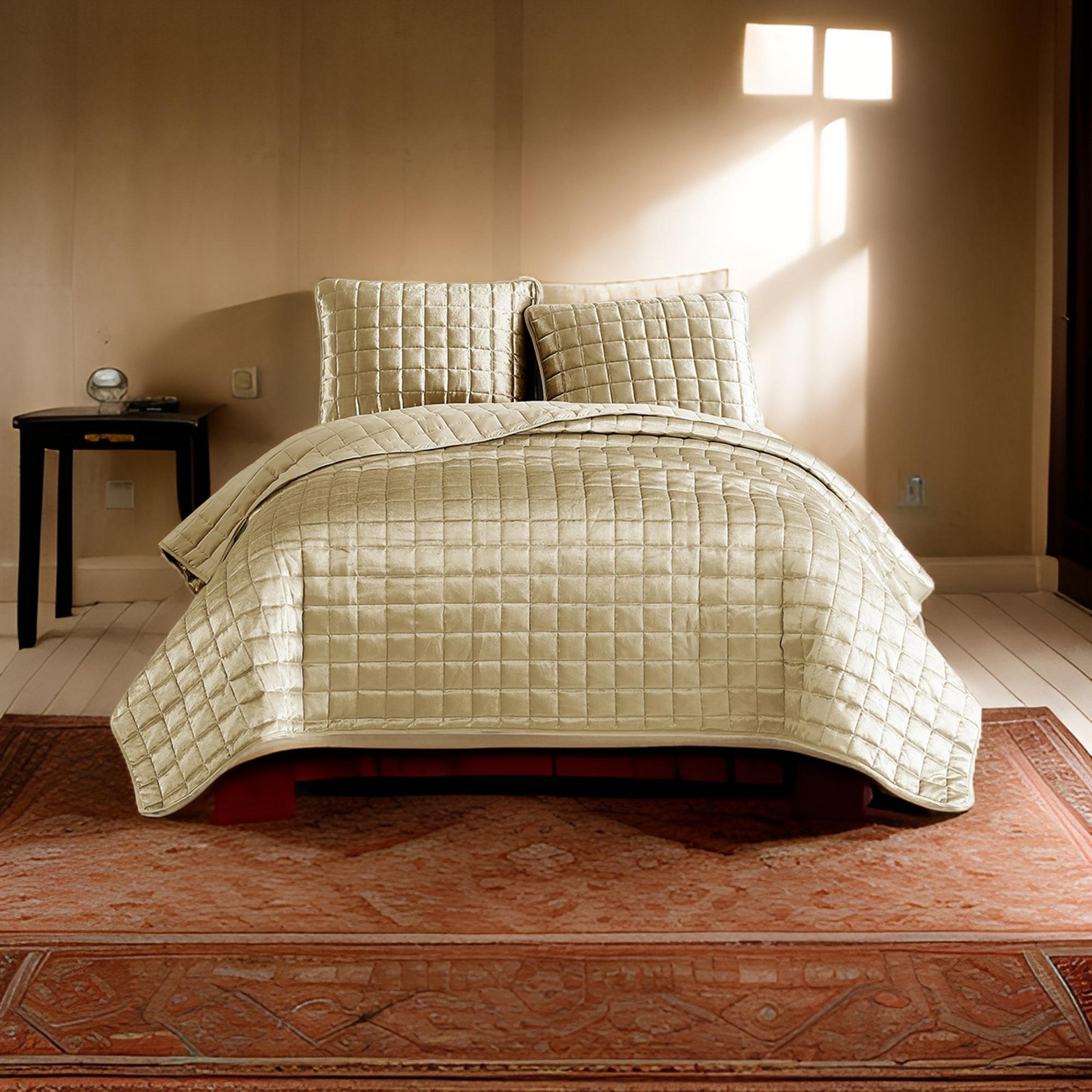 Benjara 3 Piece King Size Coverlet Set with Stitched Square Pattern, Gold