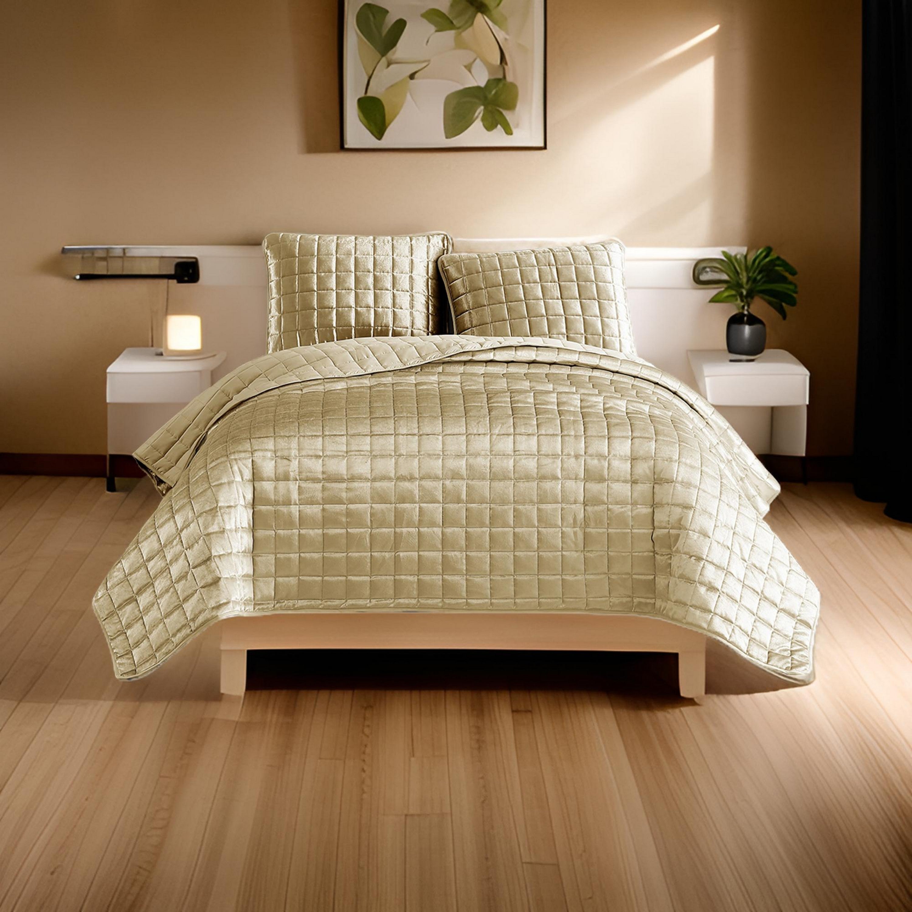 Benjara 3 Piece Queen Size Coverlet Set with Stitched Square Pattern, Gold
