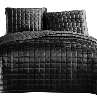 Benjara 3 Piece King Size Coverlet Set with Stitched Square Pattern, Dark Gray