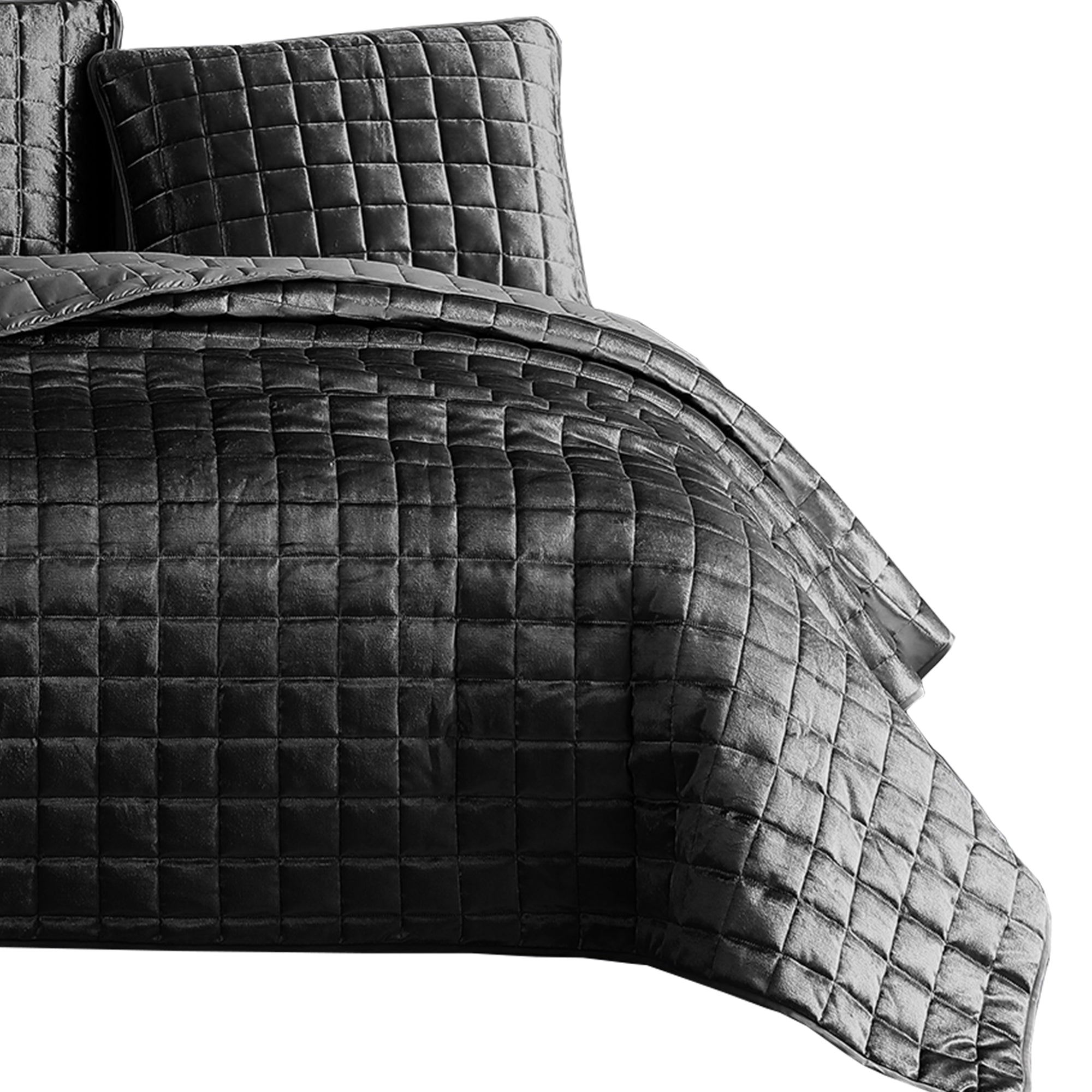 Benjara 3 Piece King Size Coverlet Set with Stitched Square Pattern, Dark Gray