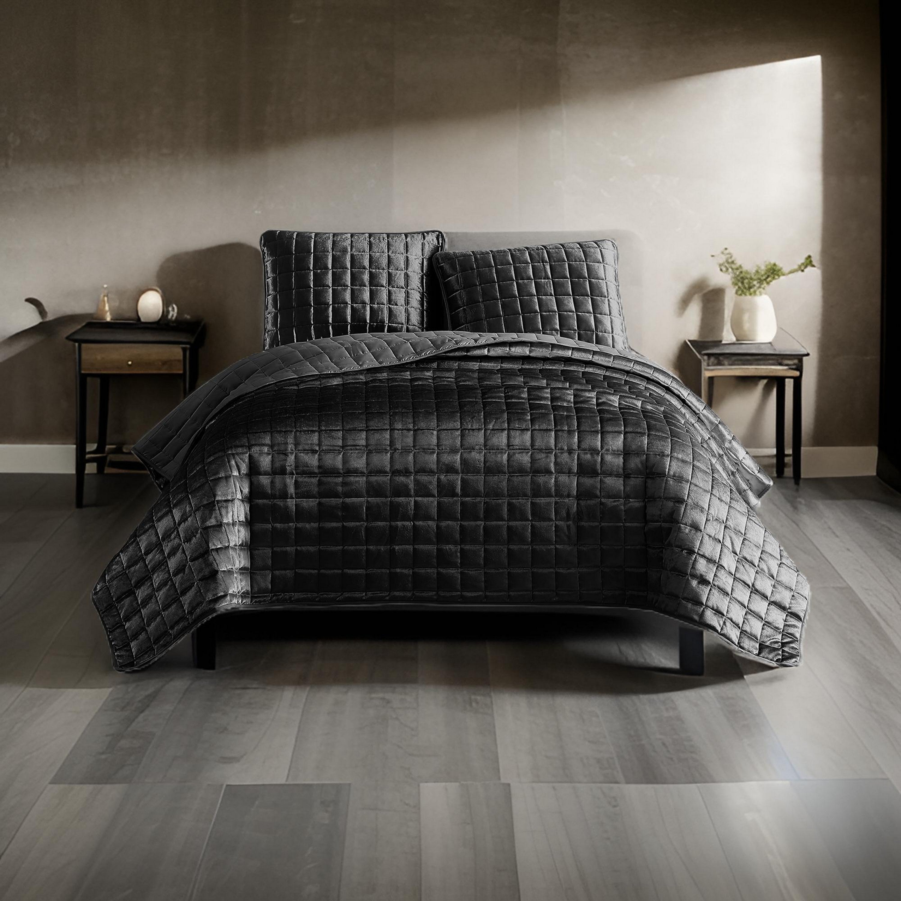 Benjara 3 Piece King Size Coverlet Set with Stitched Square Pattern, Dark Gray