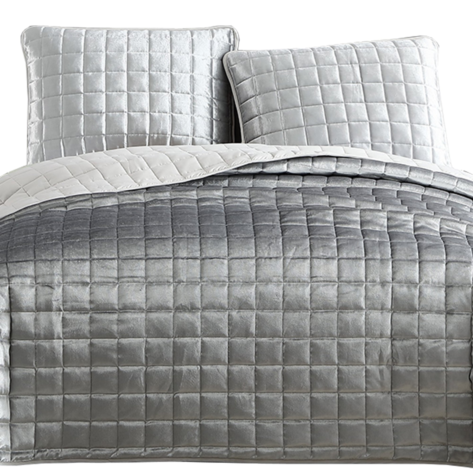 Benjara 3 Piece King Size Coverlet Set with Stitched Square Pattern, Silver