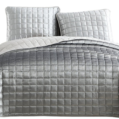Benjara 3 Piece King Size Coverlet Set with Stitched Square Pattern, Silver