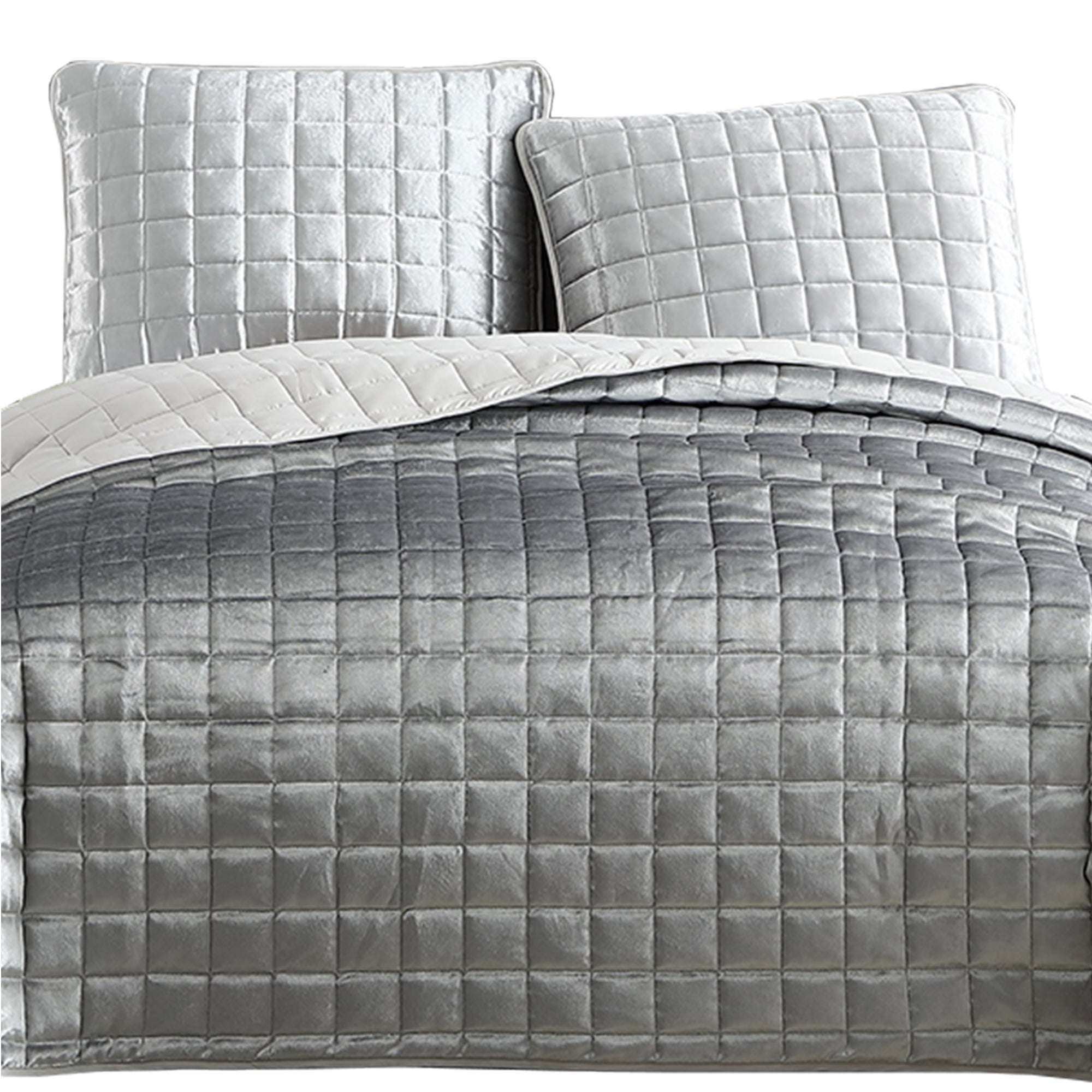 Benjara 3 Piece King Size Coverlet Set with Stitched Square Pattern, Silver