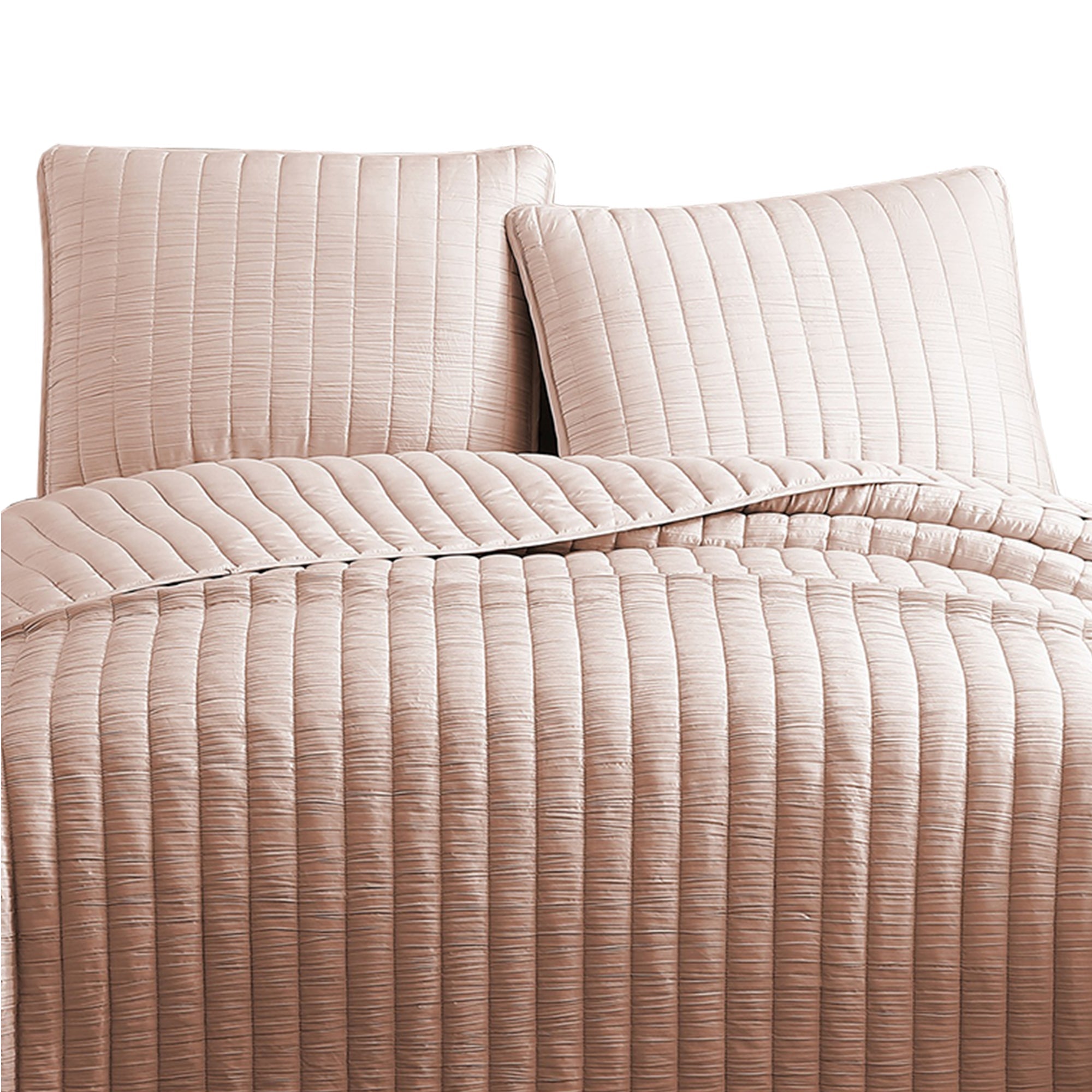 Benjara 3 Piece Crinkles Queen Size Coverlet Set with Vertical Stitching, Pink