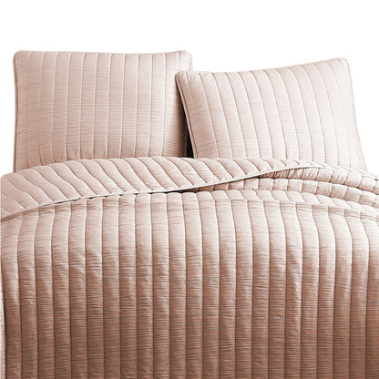 Benjara 3 Piece Crinkles Queen Size Coverlet Set with Vertical Stitching, Pink