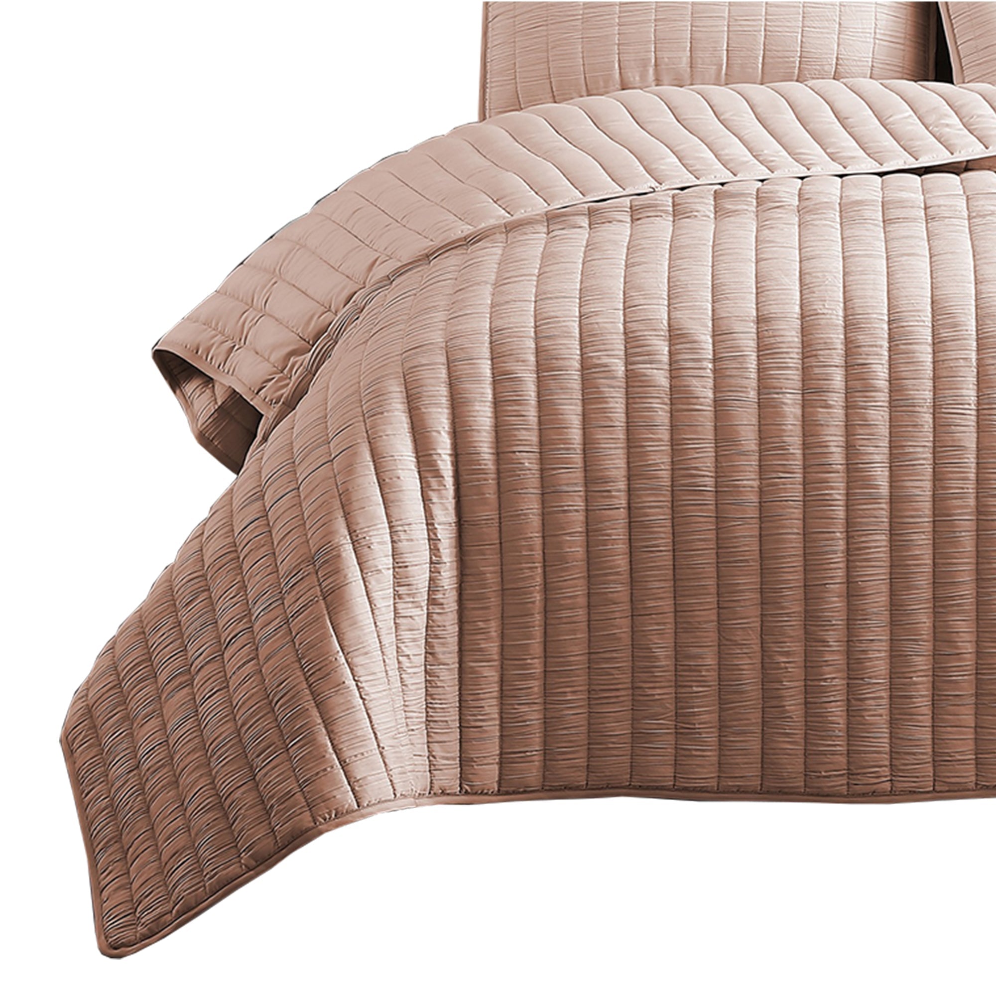 Benjara 3 Piece Crinkles Queen Size Coverlet Set with Vertical Stitching, Pink