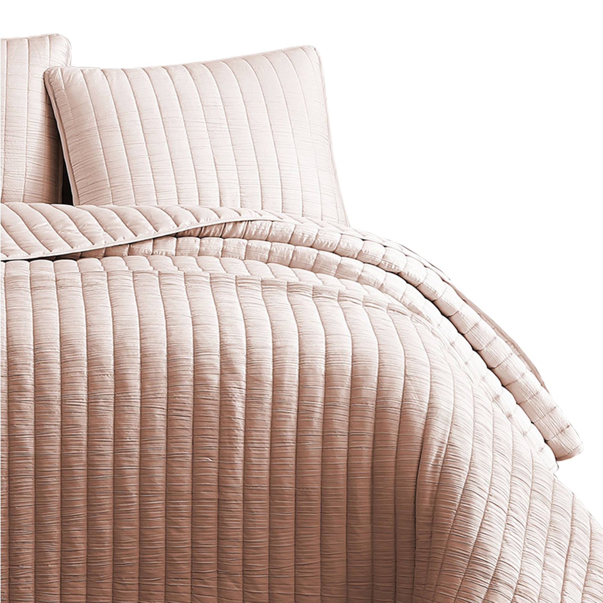 Benjara 3 Piece Crinkles Queen Size Coverlet Set with Vertical Stitching, Pink