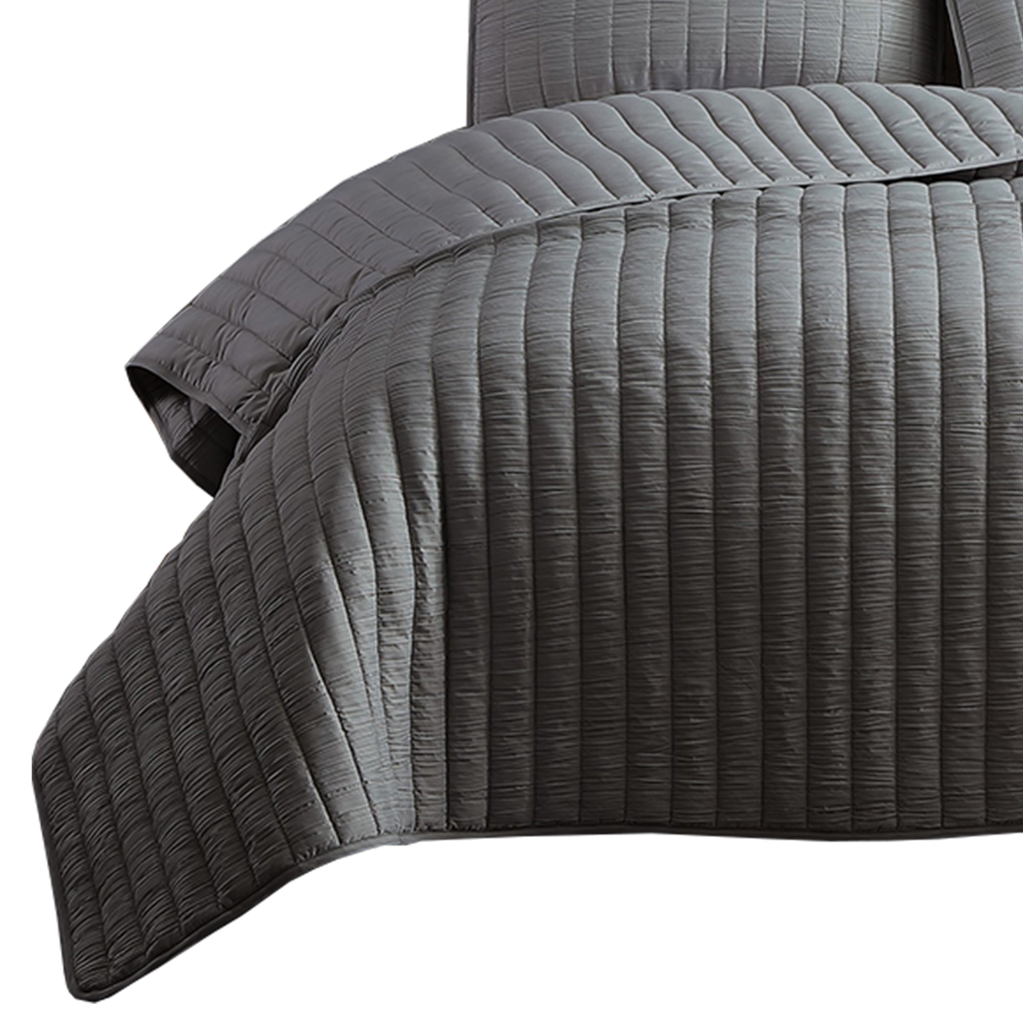 Benjara 3 Piece Crinkles King Size Coverlet Set with Vertical Stitching, Gray