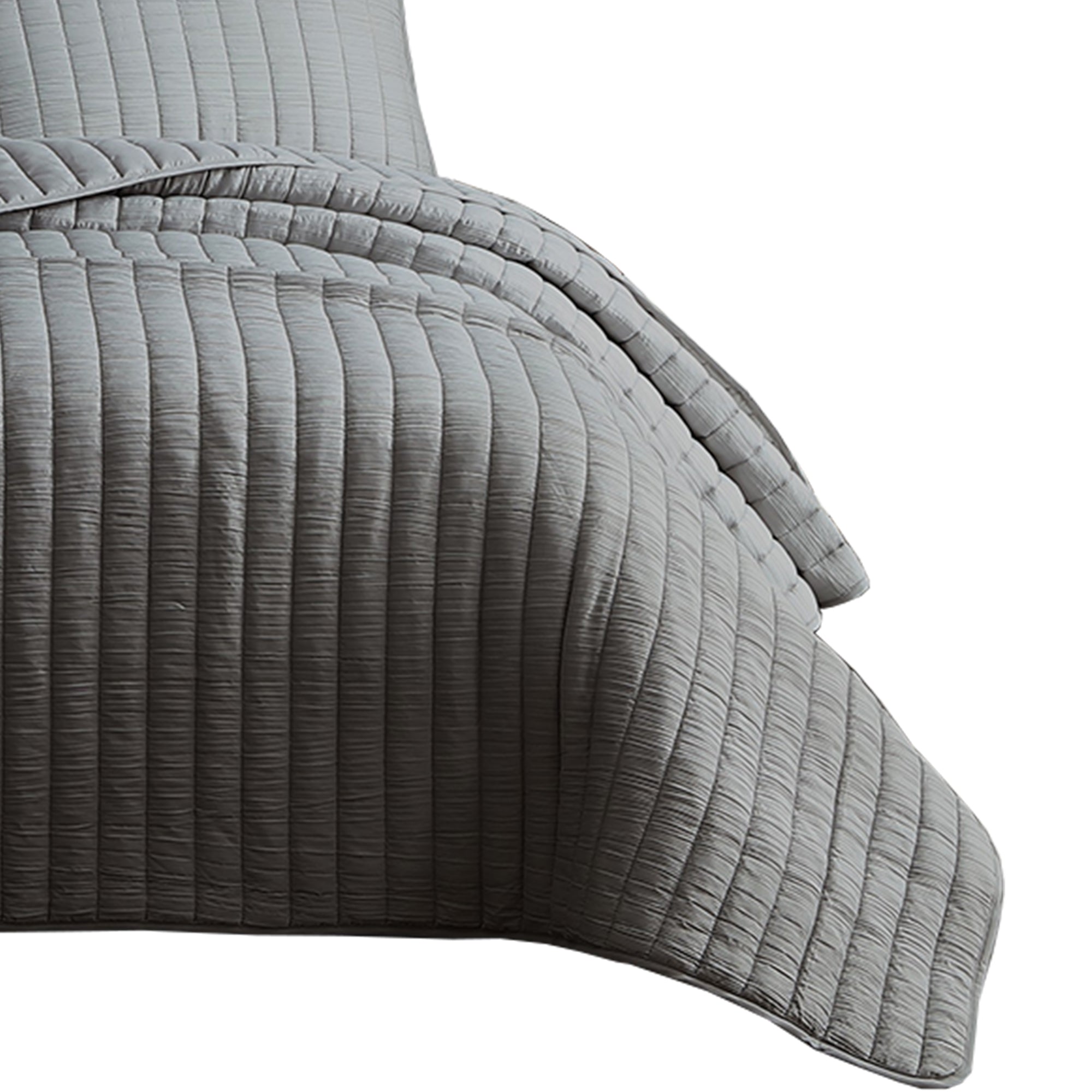 Benjara 3 Piece Crinkles King Size Coverlet Set with Vertical Stitching, Gray