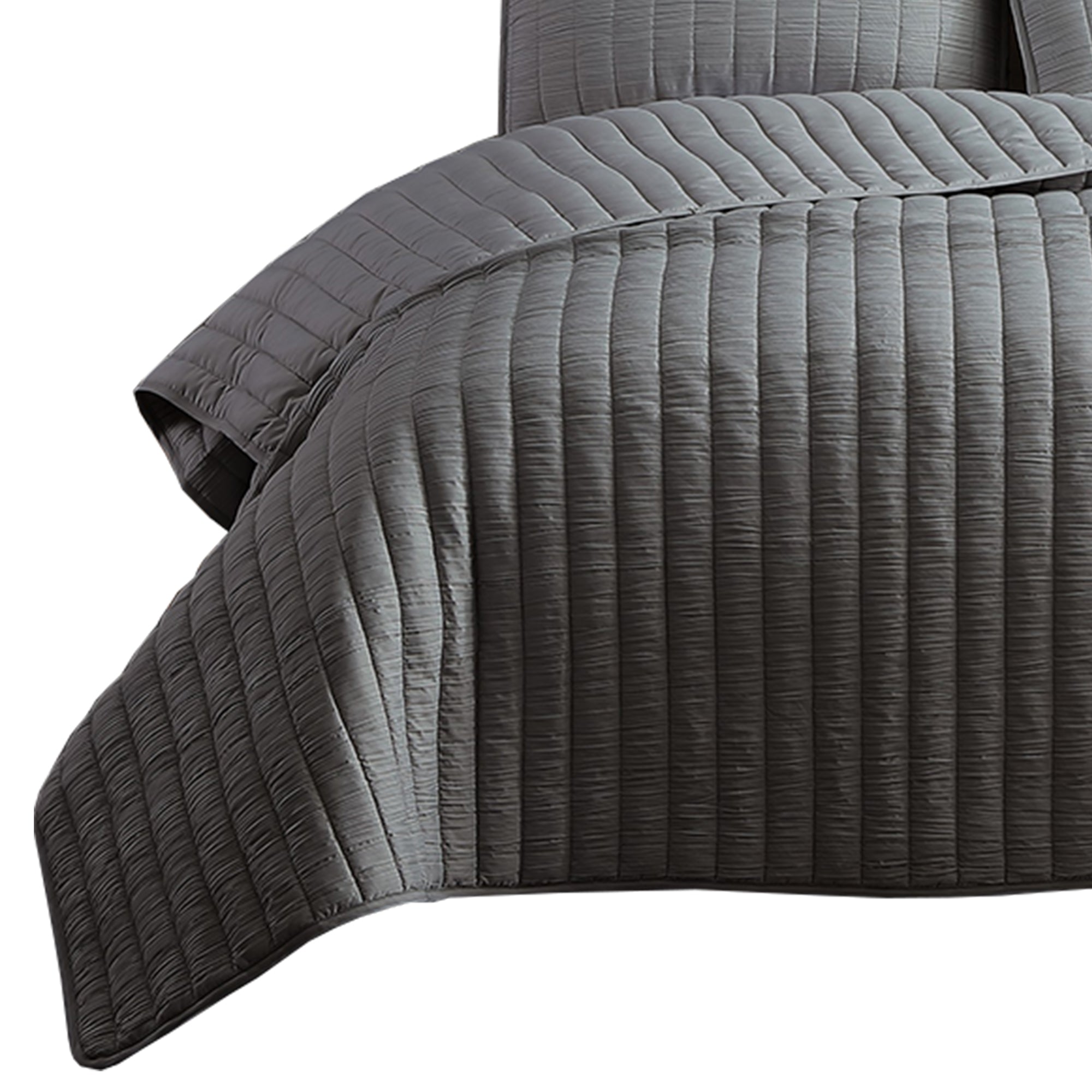 Benjara 3 Piece Crinkles Queen Size Coverlet Set with Vertical Stitching, Gray
