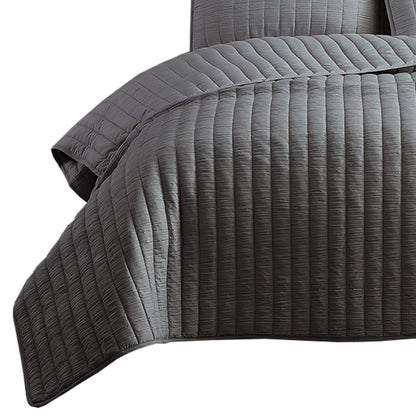 Benjara 3 Piece Crinkles Queen Size Coverlet Set with Vertical Stitching, Gray