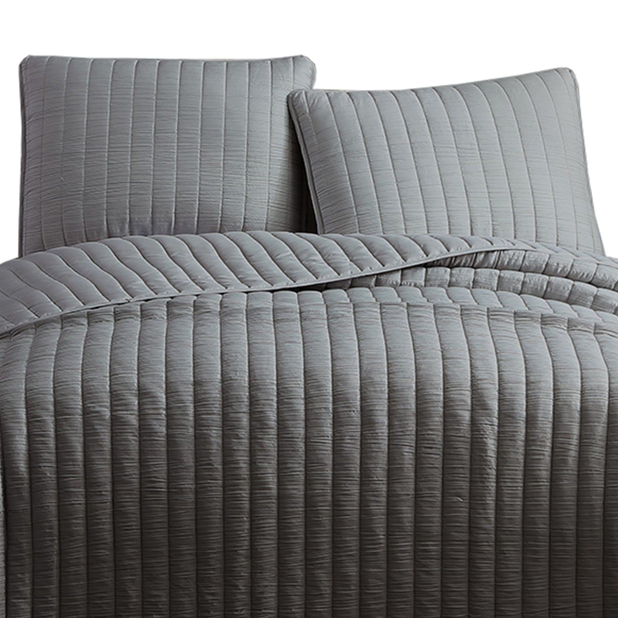 Benjara 3 Piece Crinkles Queen Size Coverlet Set with Vertical Stitching, Gray