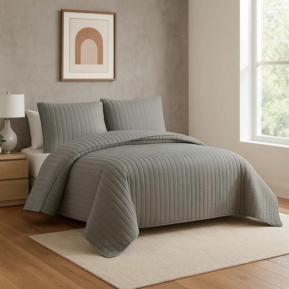 Benjara 3 Piece Crinkles Queen Size Coverlet Set with Vertical Stitching, Gray