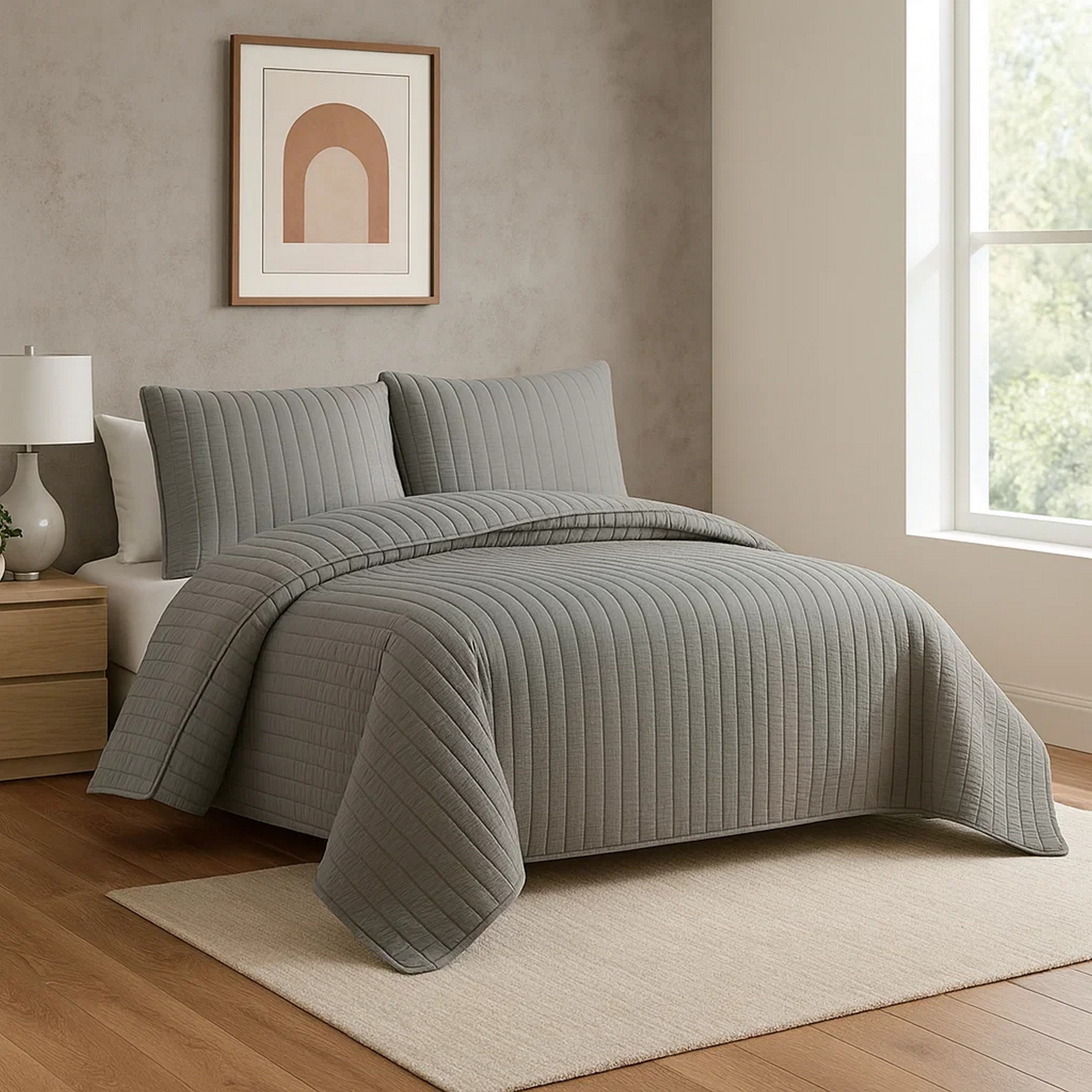 Benjara 3 Piece Crinkles Queen Size Coverlet Set with Vertical Stitching, Gray
