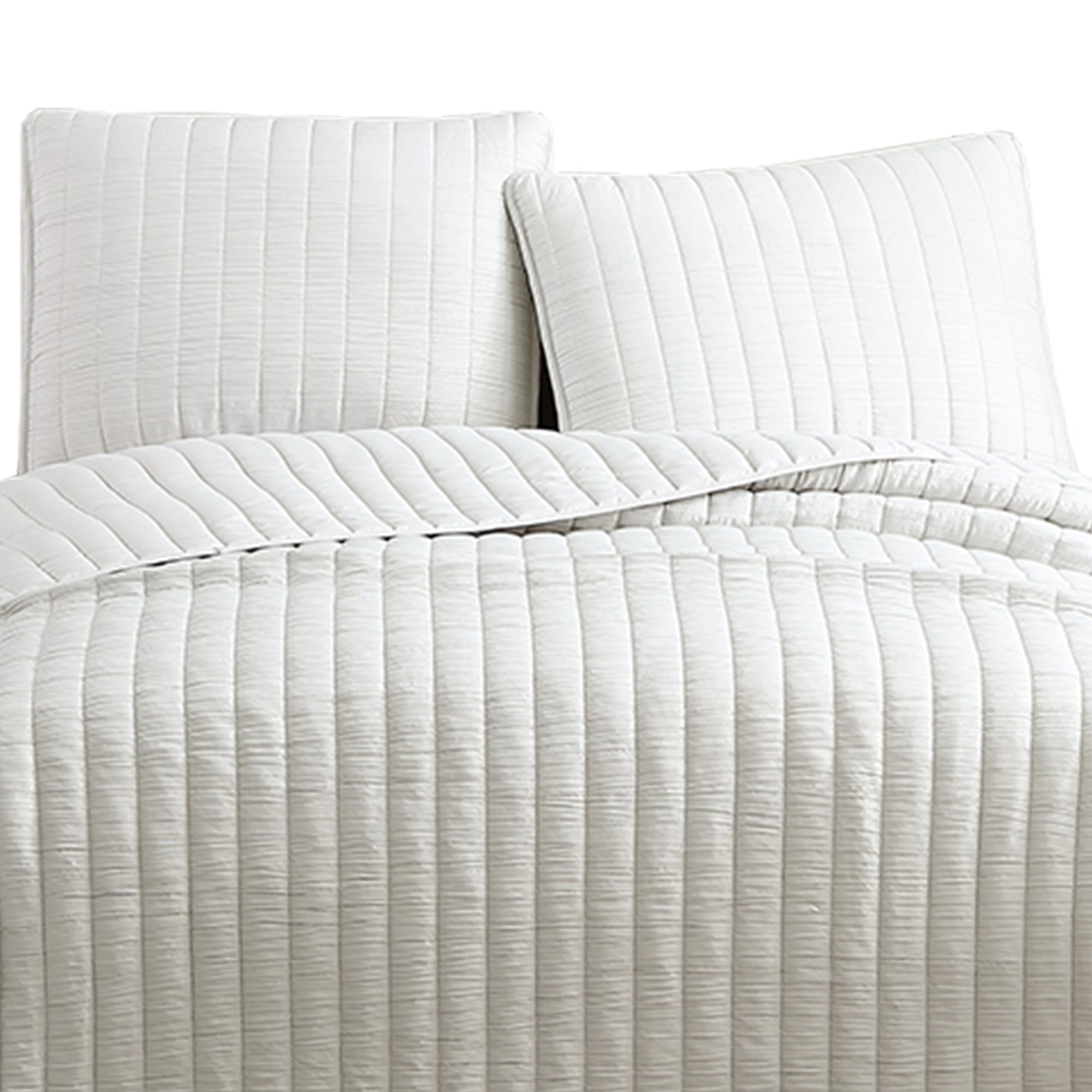 Benjara 3 Piece Crinkles King Size Coverlet Set with Vertical Stitching, White