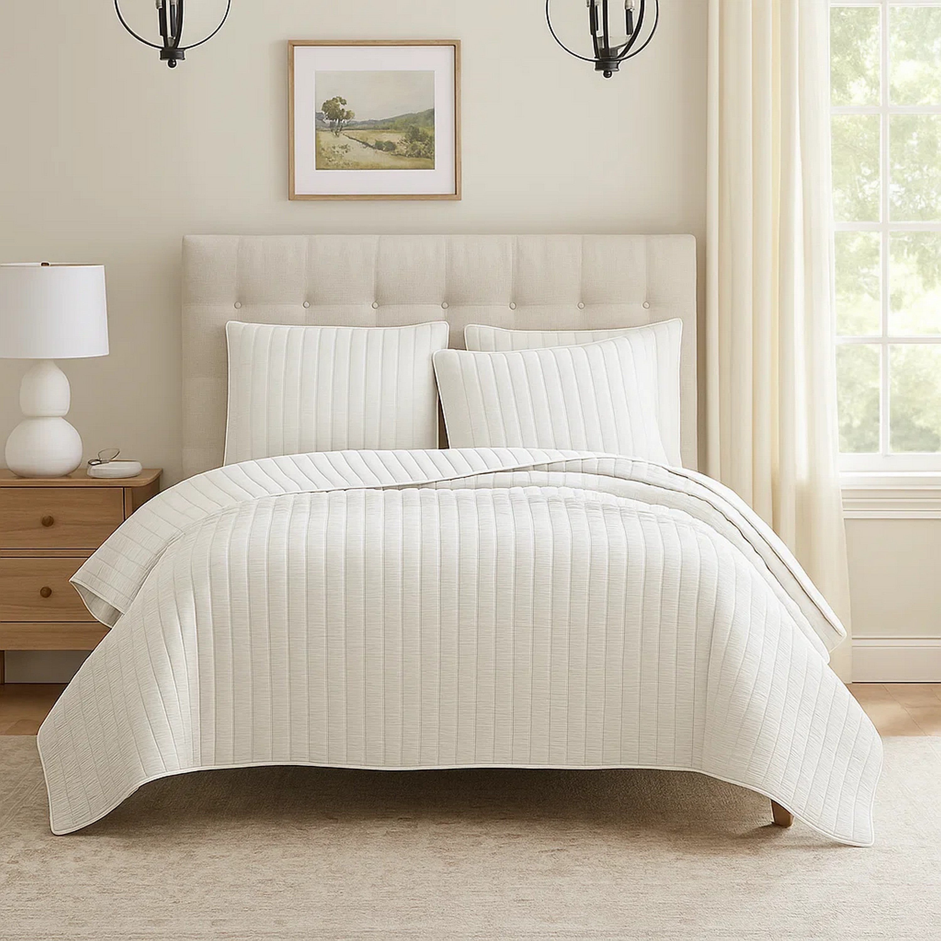 Benjara 3 Piece Crinkles King Size Coverlet Set with Vertical Stitching, White