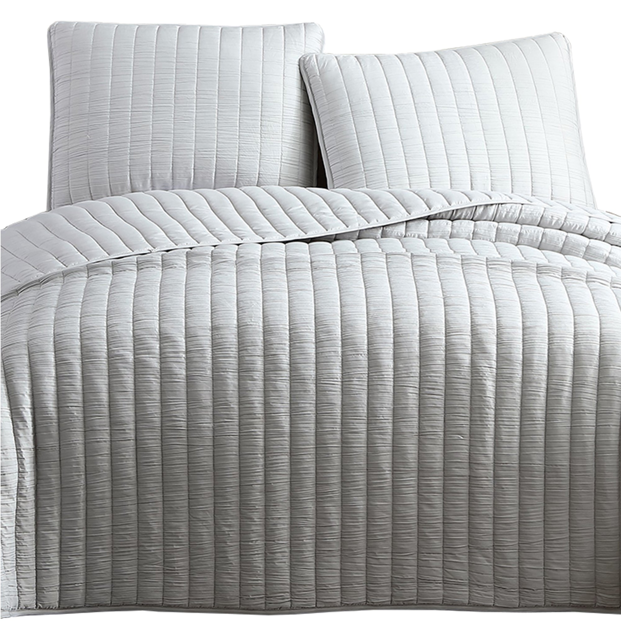 Benjara 3 Piece Crinkle Queen Size Coverlet Set with Vertical Stitching,Light Gray