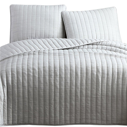 Benjara 3 Piece Crinkle Queen Size Coverlet Set with Vertical Stitching,Light Gray