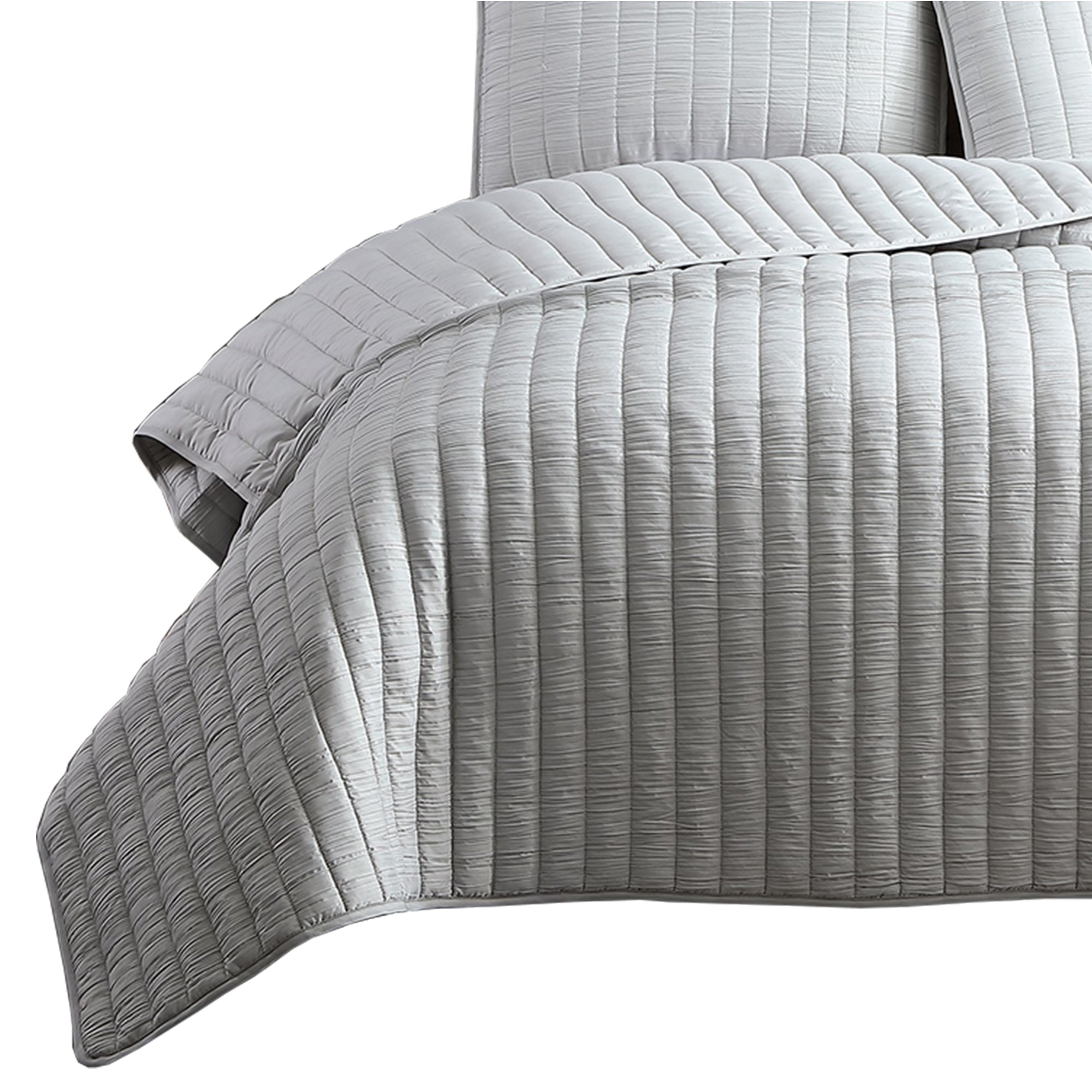 Benjara 3 Piece Crinkle Queen Size Coverlet Set with Vertical Stitching,Light Gray