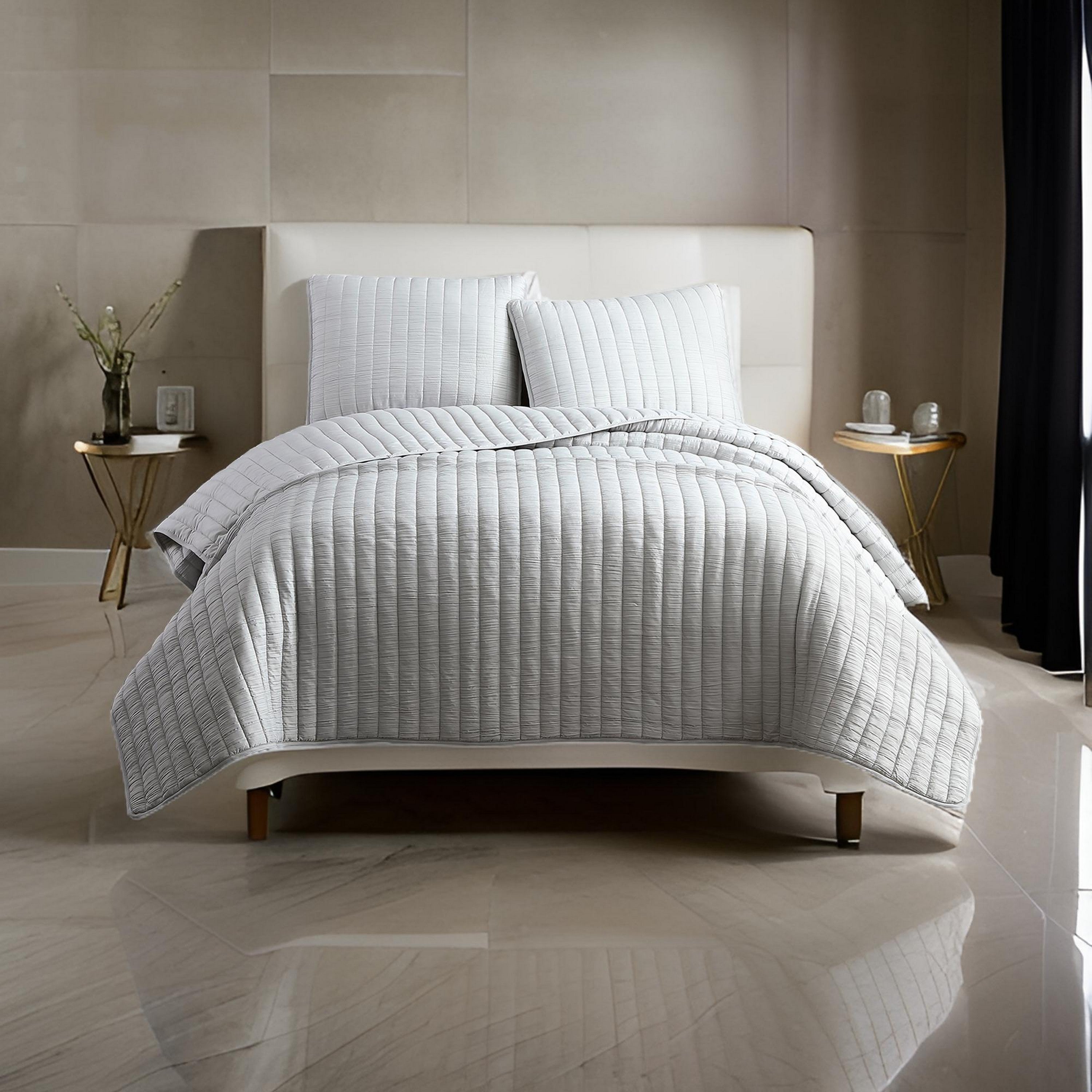 Benjara 3 Piece Crinkle Queen Size Coverlet Set with Vertical Stitching,Light Gray