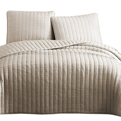Benjara 3 Piece Crinkles King Size Coverlet Set with Vertical Stitching, Brown