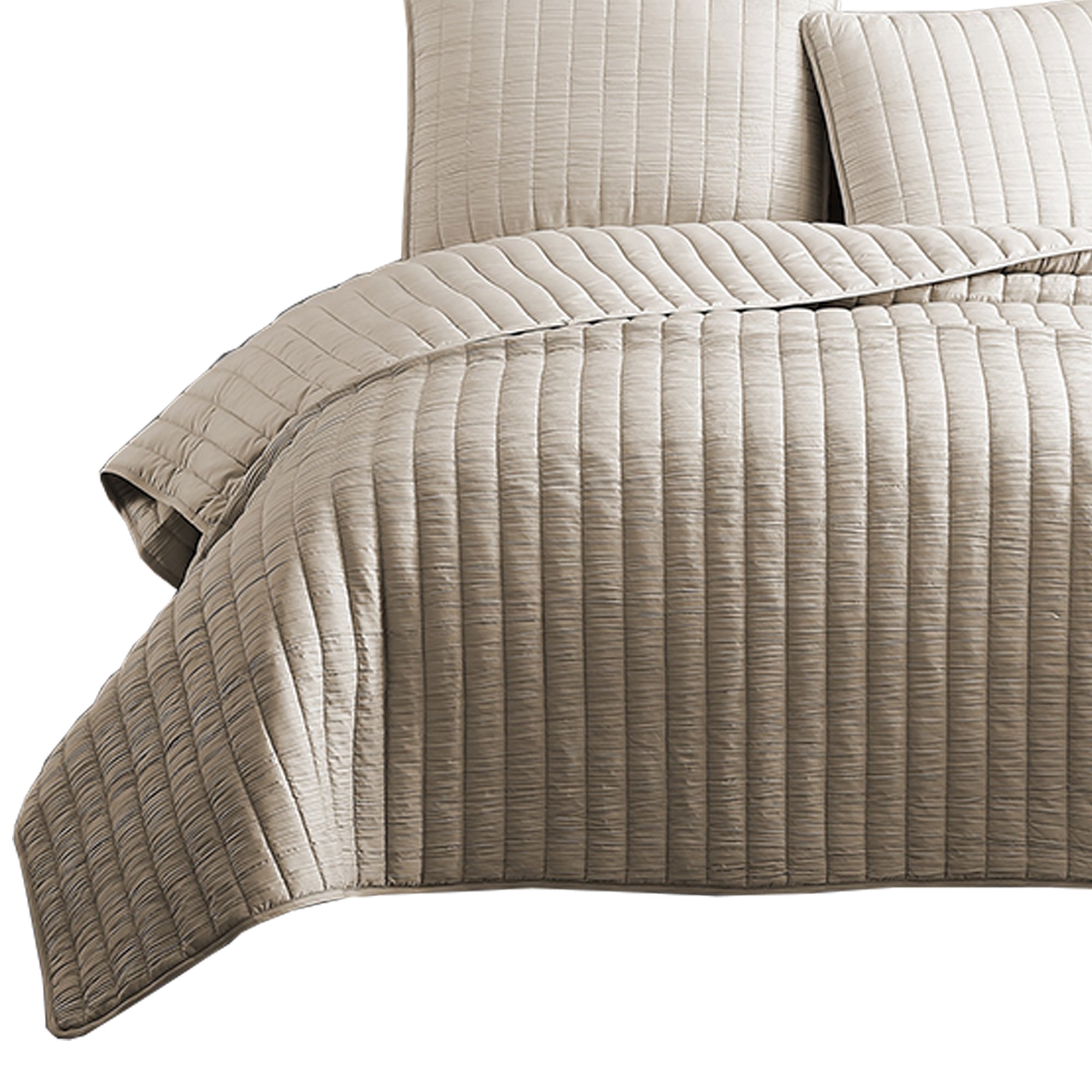 Benjara 3 Piece Crinkles King Size Coverlet Set with Vertical Stitching, Brown
